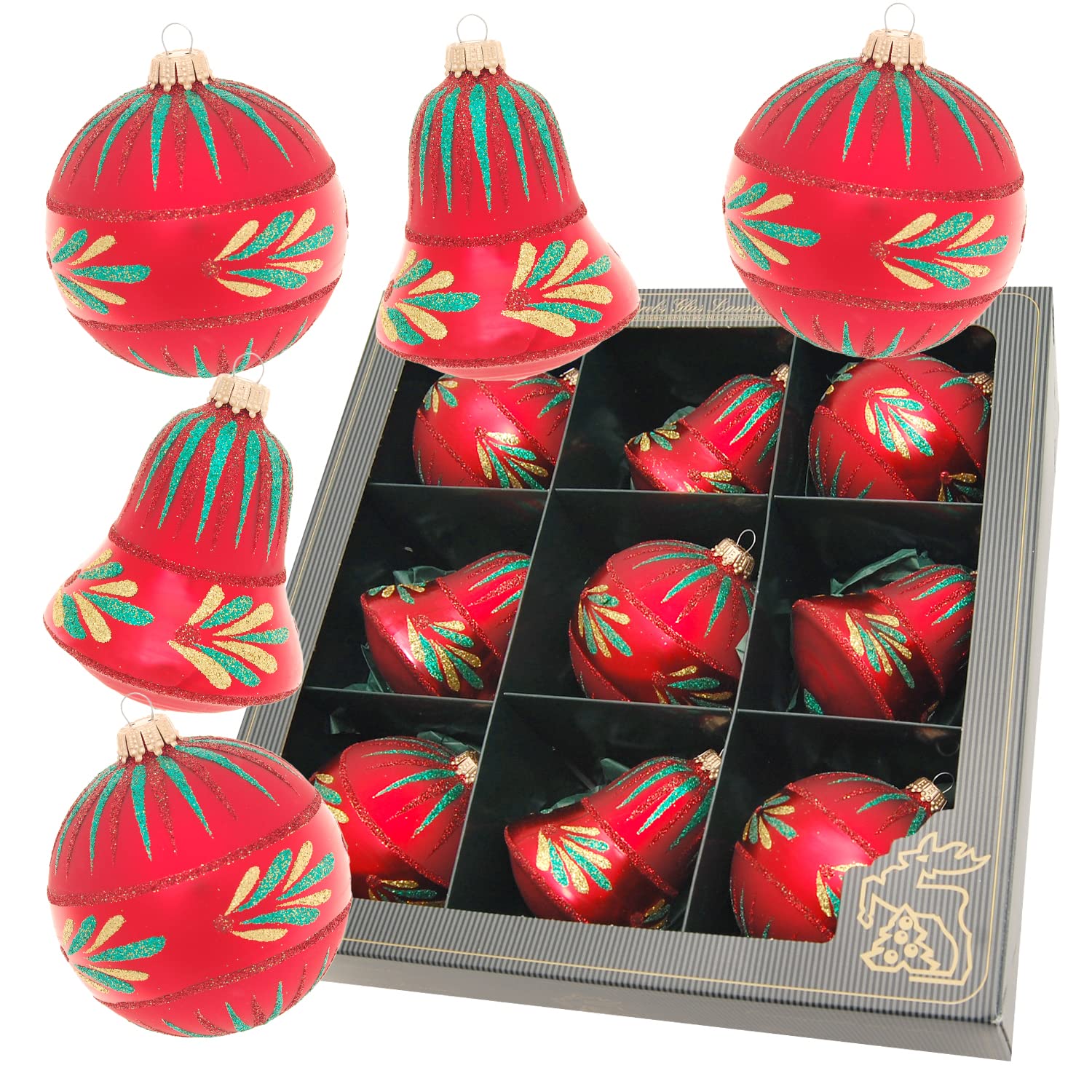 Krebs Glas Lauscha - Décoration de Noël en verre - Pendentif de Noël - Motif : feuille rouge - 9 pièces - Dimensions : env. 8 cm