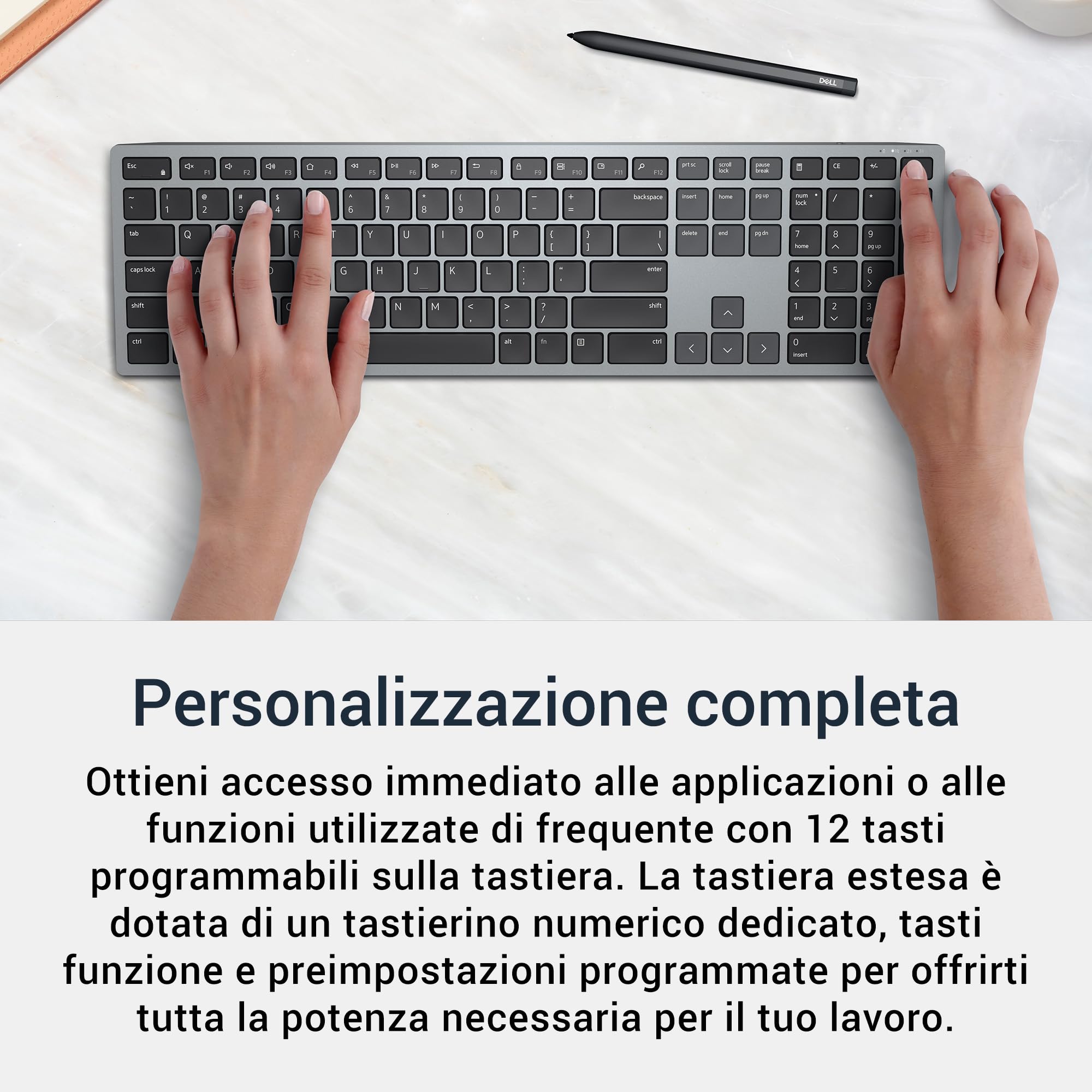 Dell KB700 Tastiera Senza Fili Multi-Device – QWERTY, Bluetooth 5.0 e RF 2.4 GHz, Compatibile con Windows, Mac, Linux, ChromeOS e Android, Tasti Programmabili, Batteria 36 Mesi, Titan Gray