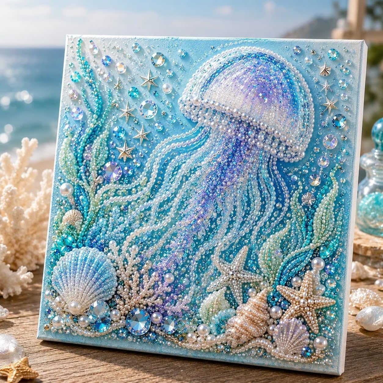 Oceanthemed Pearl Art DIY Kit, Ocean 3D Diamond Painting Craft for Adults, Shimmering Coastal Decor Wall Art with Pearls & Rhinestones, Beginnerfriendly DIY Gift (Style H)