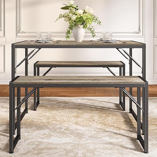 Miniatura 11 de Bealife Juego de mesa de comedor para 4 personas con marco de metal y tablero de MDF, mesa de cocina que ahorra espacio con 2 bancos, juego de mesa