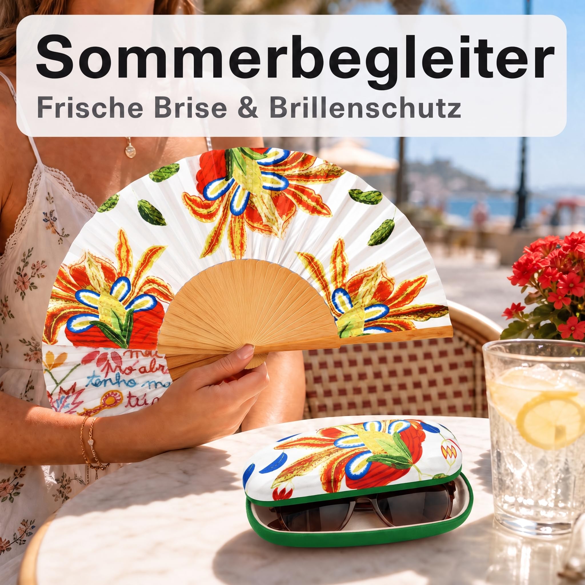 Handfächer & Brillenetui Set Anna, Blumen Muster, Geschenkset Frauen | Faltbarer Handfächer mit Holzgestell und passendes Hartschalen-Brillenetui im Blumen Design – als Muttertagsgeschenk