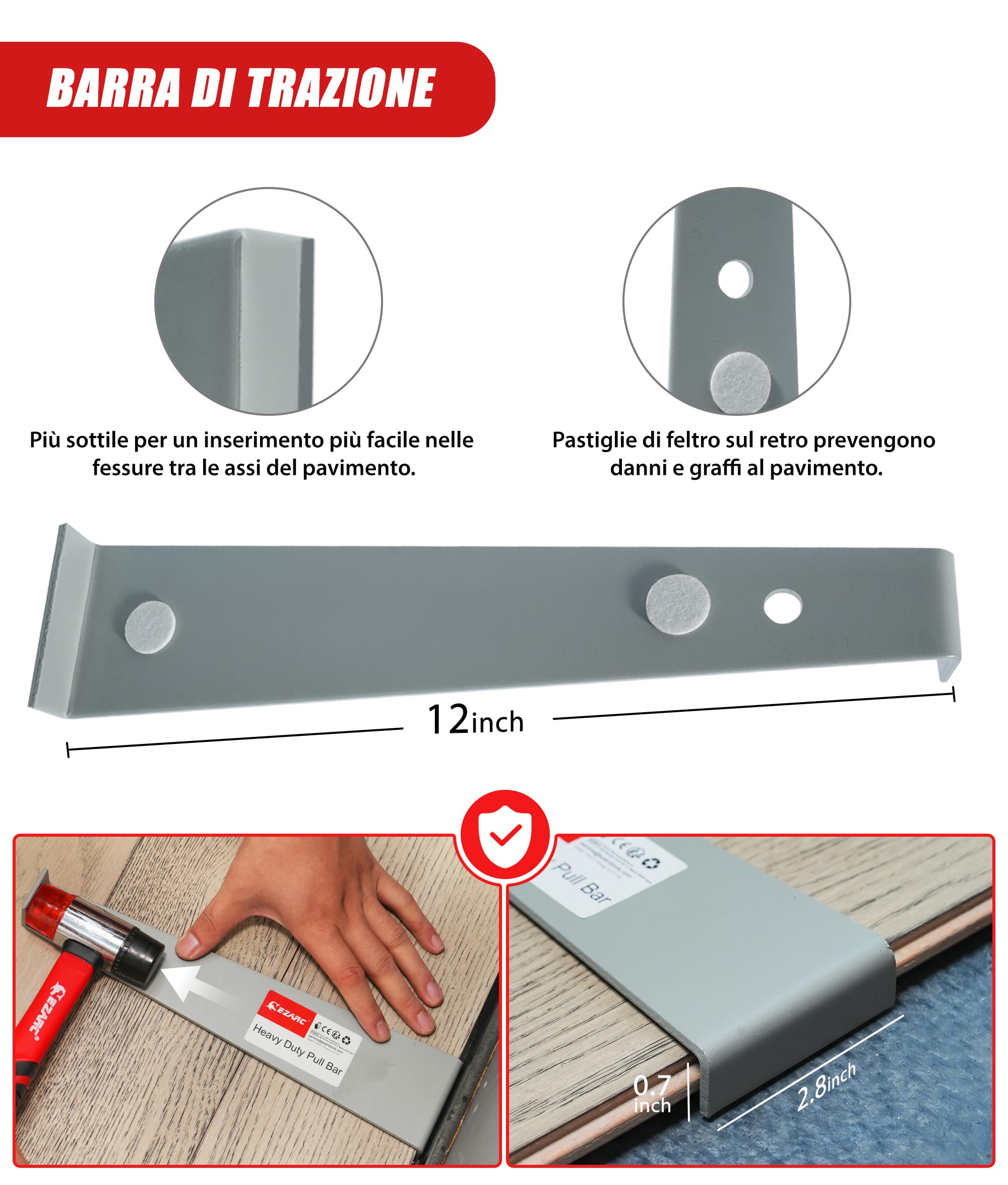 EZARC Kit di strumenti per pavimenti in laminato rinforzato, con martello a doppia faccia, barra di trazione pesante, blocco di battitura, ginocchiere, cuneo e 50 distanziatori per pavimento.