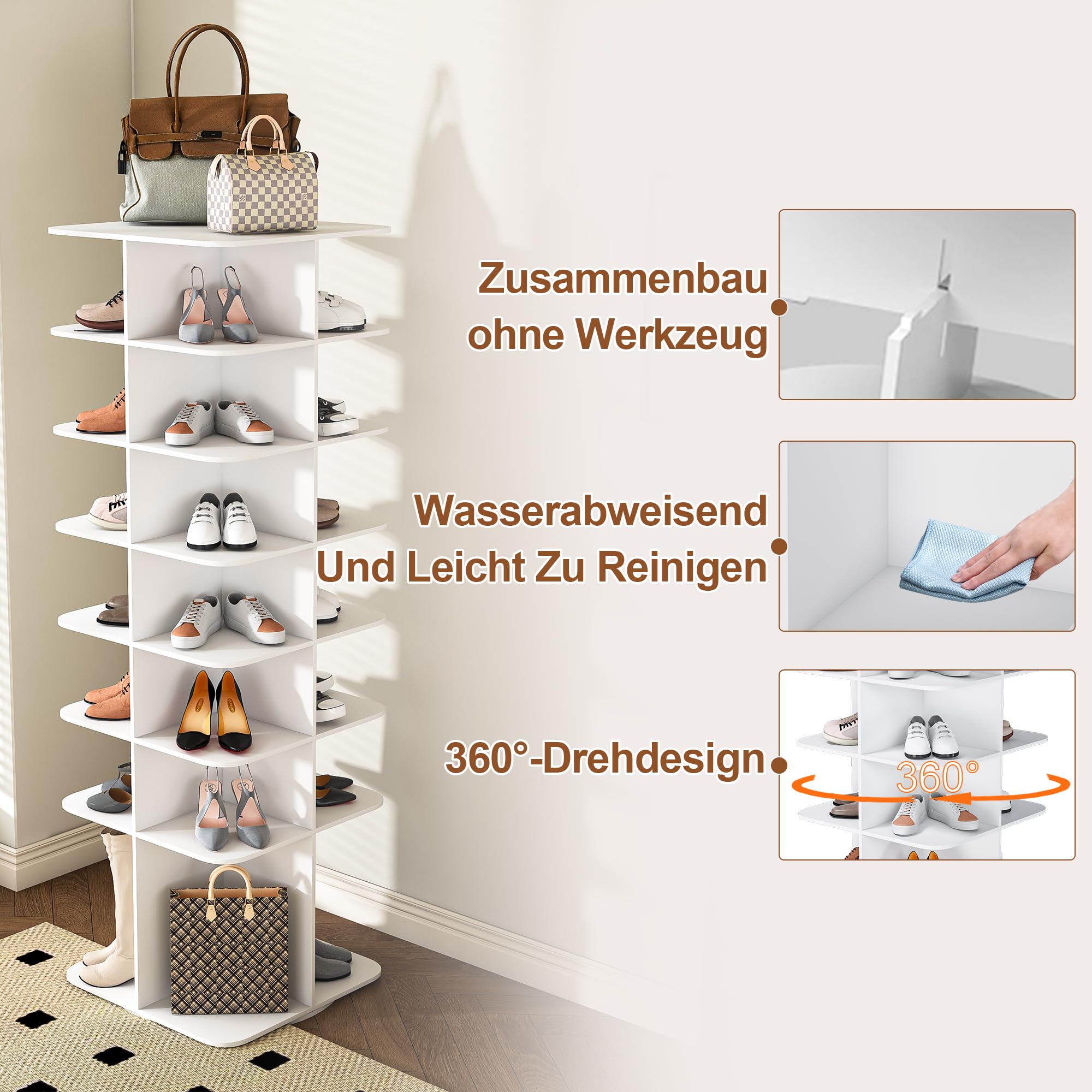 Taikonaut Schuhregal drehbar, Schuhständer, Ebenen Schuhorganizer aus PVC, 360 Grad Schuhregal-Turm, freistehend, weiß, für 28 Paar Schuhe, 60 60 184 cm