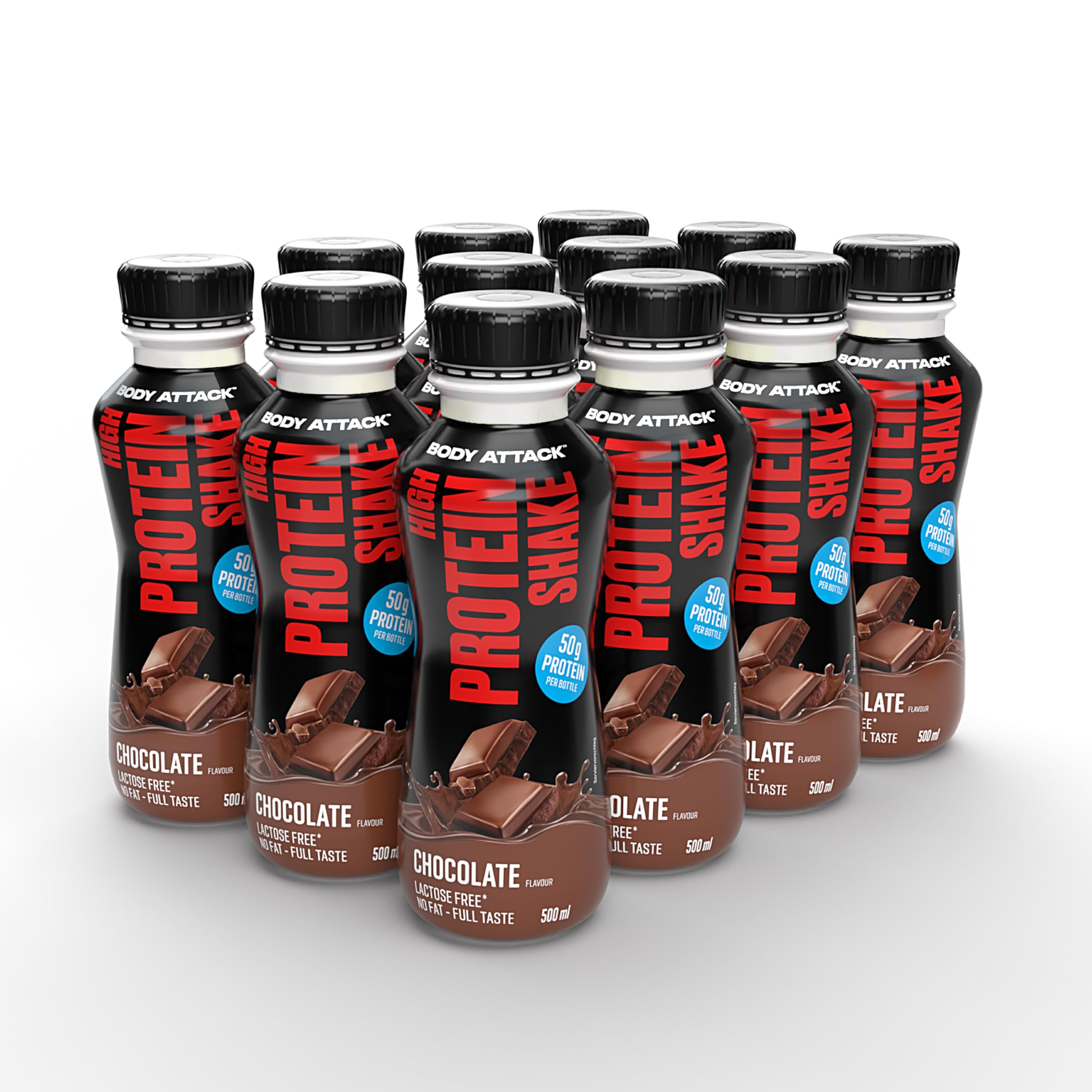 Body Attack High Protein Shake - Chocolate, 12 x 500 ml, je 50 g Protein - kalorienarmer Protein Shake für Muskelaufbau - Fertigdrink mit Milcheiweiß für to go, inkl. Pfand - Made in Germany