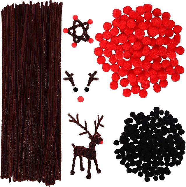 Cooraby 300 Pieces Red Pom Poms Christmas Fluffy Pompoms and 100 Pieces Brown Pipe Cleaners Chenille Stems for Christmas Craft Supplies