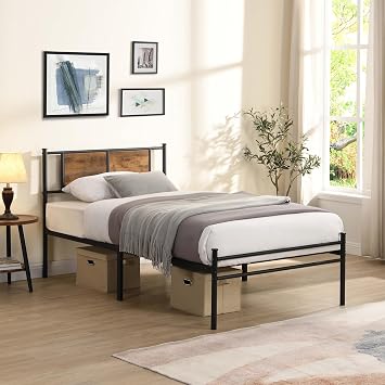 Twin Size Metal Platform Bed Frame with Headboard/Underbed Storage
