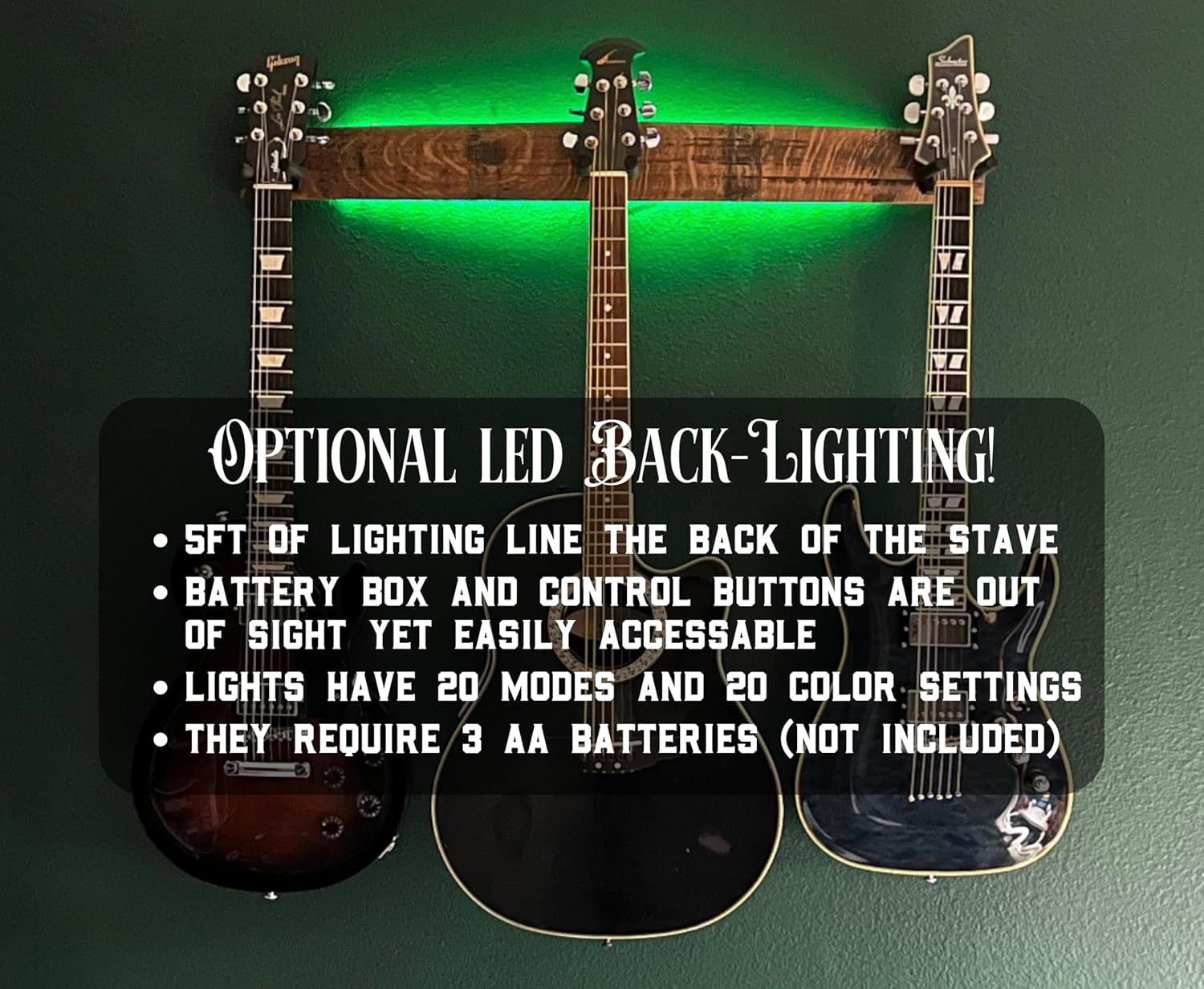 Coyle Woodworks Whiskey Barrel Stave 3-Guitar Wall Mount with LED Lights |Instrument Mount for Guitar, Ukulele, Violin, Banjo, Bass, Guitar Hanger, Gloss Finish