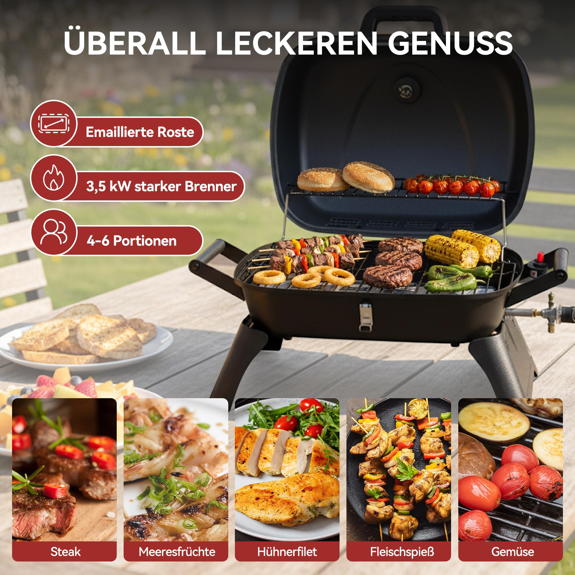 Royal Gourmet Gasgrill mit 3,5 kW, Tischgasgrill mit Griffen und Klappbaren Beinen, Tragbarer Campinggrill für Garten, Balkon
