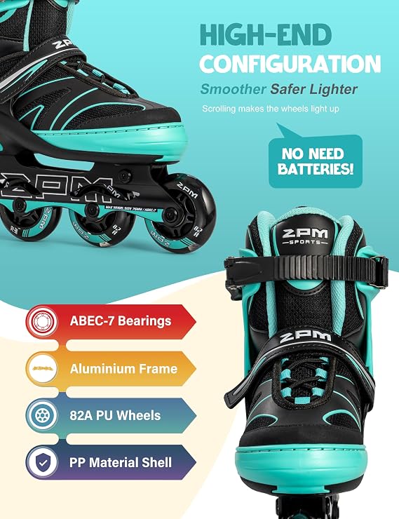 2PM SPORTS Kids Adjustable Inline Skates Ages 4-12, Youth Inline Skates for Girls Boys 5-8 8-12 with Full Light Up Wheels, Beginner Women Adult Skates