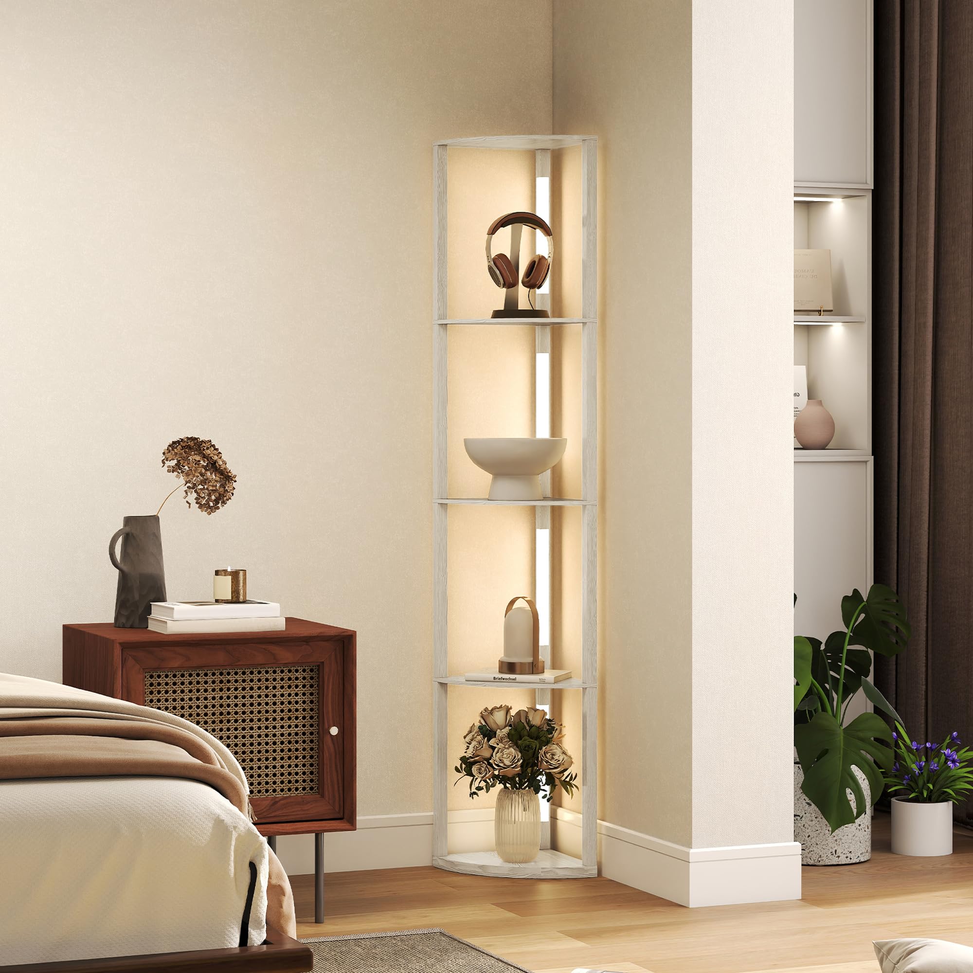 HOMCOM Lampada da Terra con 4 Ripiani Regolabile 41x29.5x163.5 cm Rovere | Da LED da 3000K, 3 Livelli, Lampada Moderna a Colonna in MDF