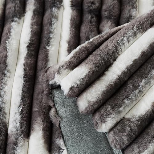 Miniatura 7 de Jameswish Juego de edredón suave y esponjoso de piel de conejo, juego de ropa de cama de pelo sintético a rayas con funda de almohada, juego de cama