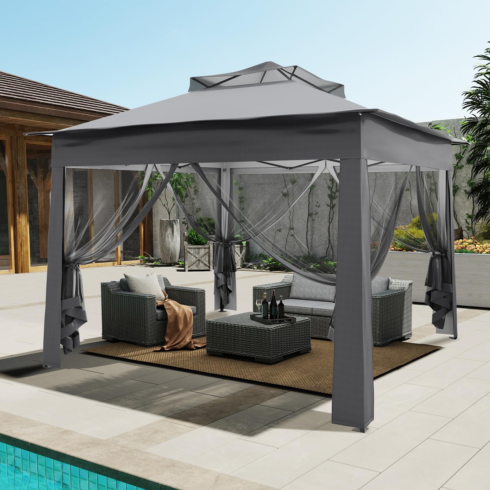 SOLIDEE Gazebo, 3.6m x 3.6m Pop Up Gazebo with Sides, Garden Waterproof Gazebos with Zipped Mesh Sidewalls and Double Roof, Event Tent Shelter with Sun Shade for Patio, Backyard, Grey