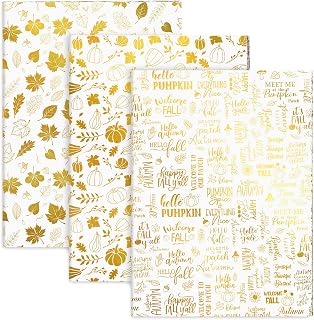 90 Sheet Fall Thanksgiving Tissue Paper Foil Gold Pumpkin Maple Leaves Pattern Art Tissue Autumn Wrapping Paper DIY Craft Paper for Fall Harvest Thanksgiving Gift Bag Pompom, 13.8 x 19.7In