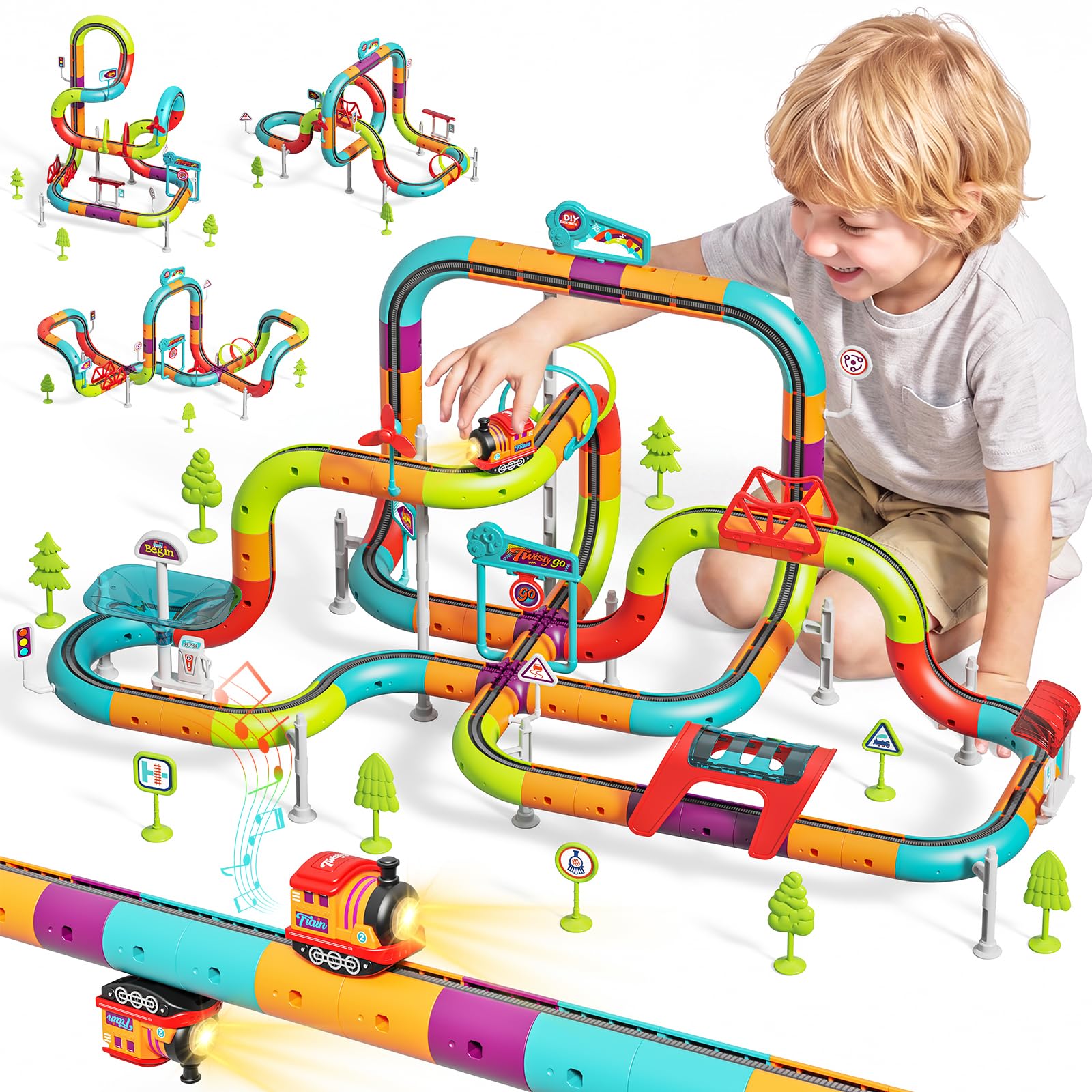 Neikko 121PCS Electric Train Set 3D Infinity Cube Race Track Toy for Kid 6+ | Anti Gravity Dual-side Track Train Features Light & Sound, STEM Building Toy for Kids 6+, Great Birthday Gift for Boys Gir