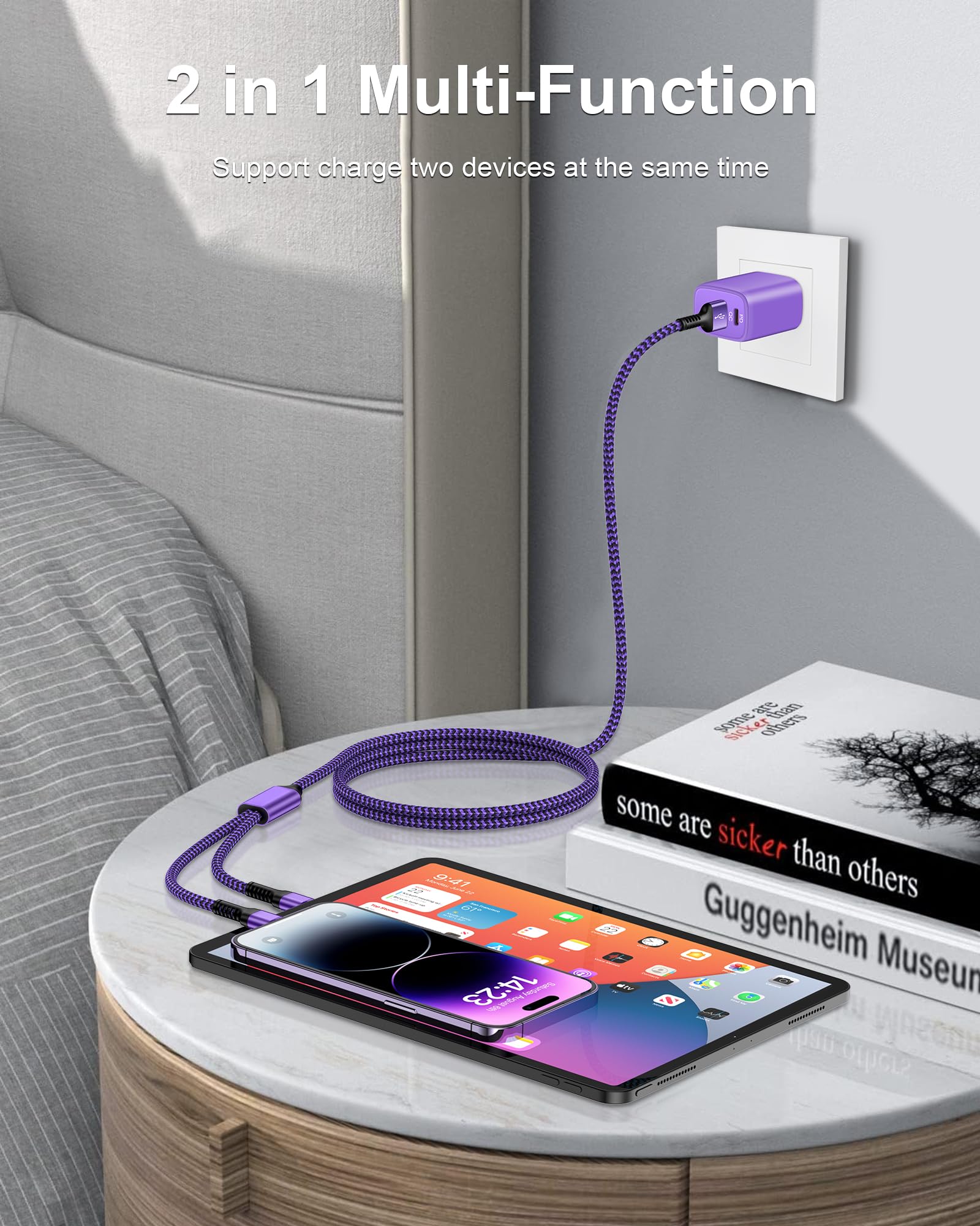 Cavo di ricarica veloce multi USB 2 in 1 con porta Lightning/tipo C, 1,2 m in nylon intrecciato USB a USB C e cavo Lightning per dispositivi IOS/Android, compatibile con iPhone 15 14 13 12 Pro Max,