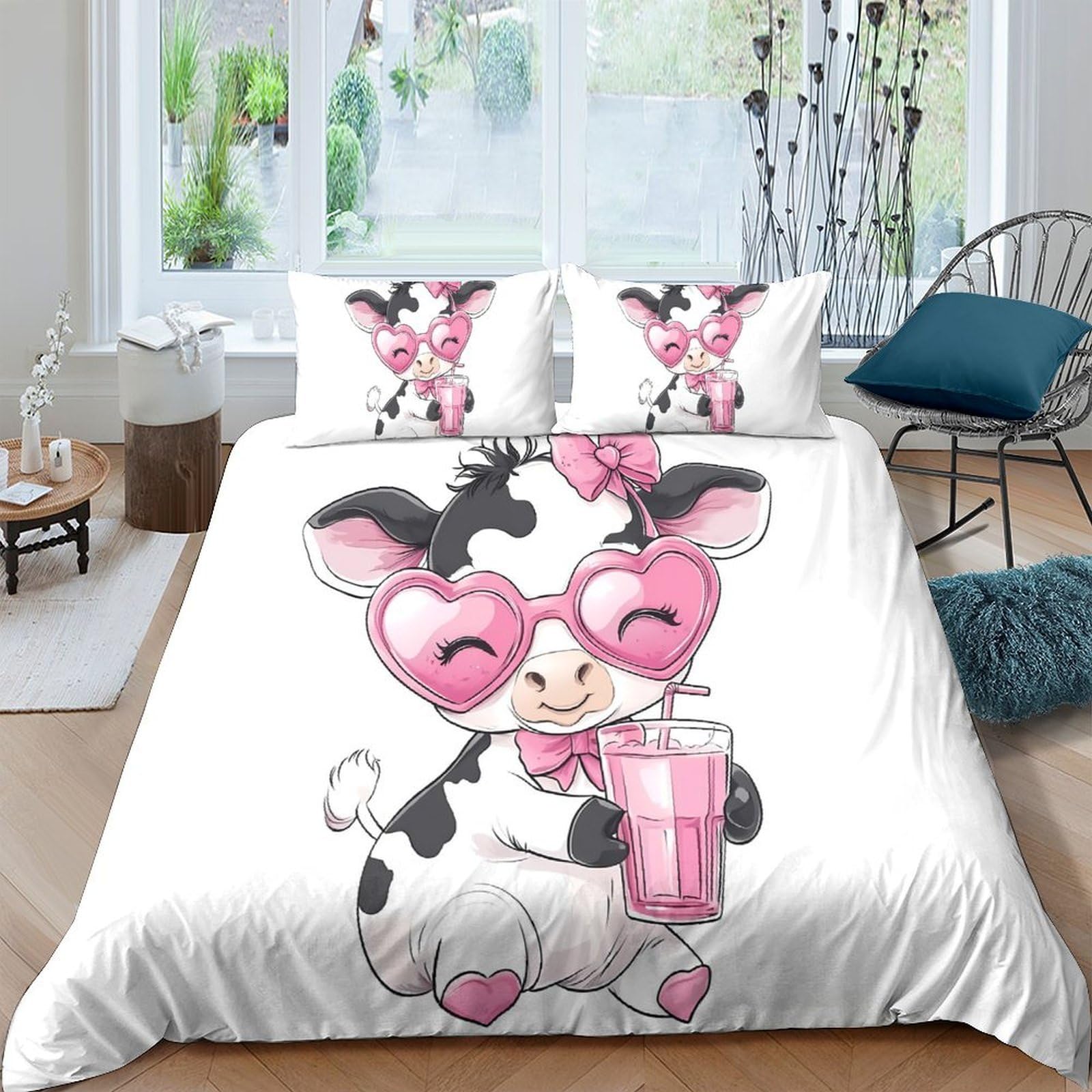 Ctjqhvkz Style-4 3D Printed Cartoon Cow Fitted Sheet Microfiber Pink Heart Glasses Bed Cover For Bedroom Dorm Mattress Decor Single（135X200cm）