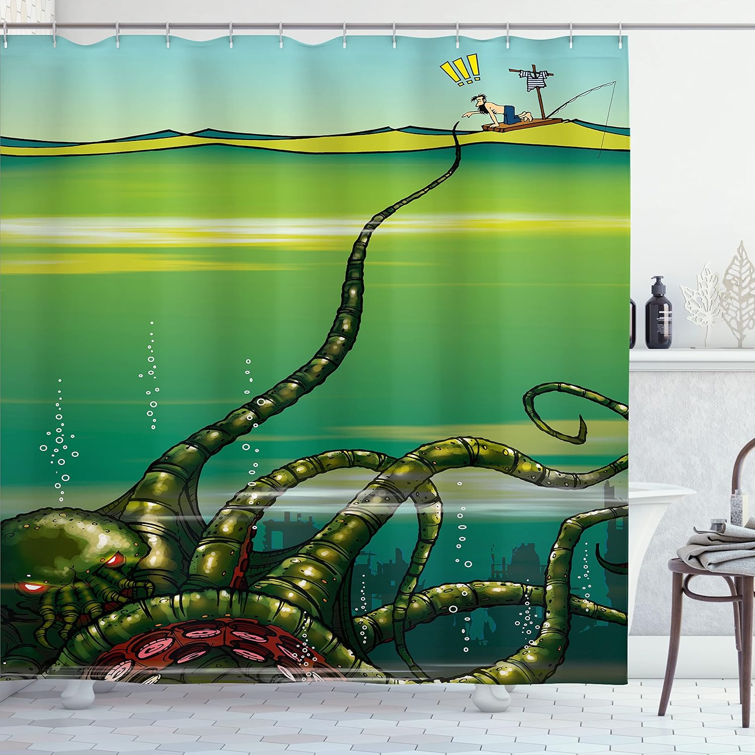 Ambesonne Octopus Shower Curtain, Cartoon Monster Kraken Octopus with Giant Tentacles Underwater with a Sailor Retro Art, Cloth Fabric Bathroom Decor Set with Hooks, 69" W x 70" L, Green