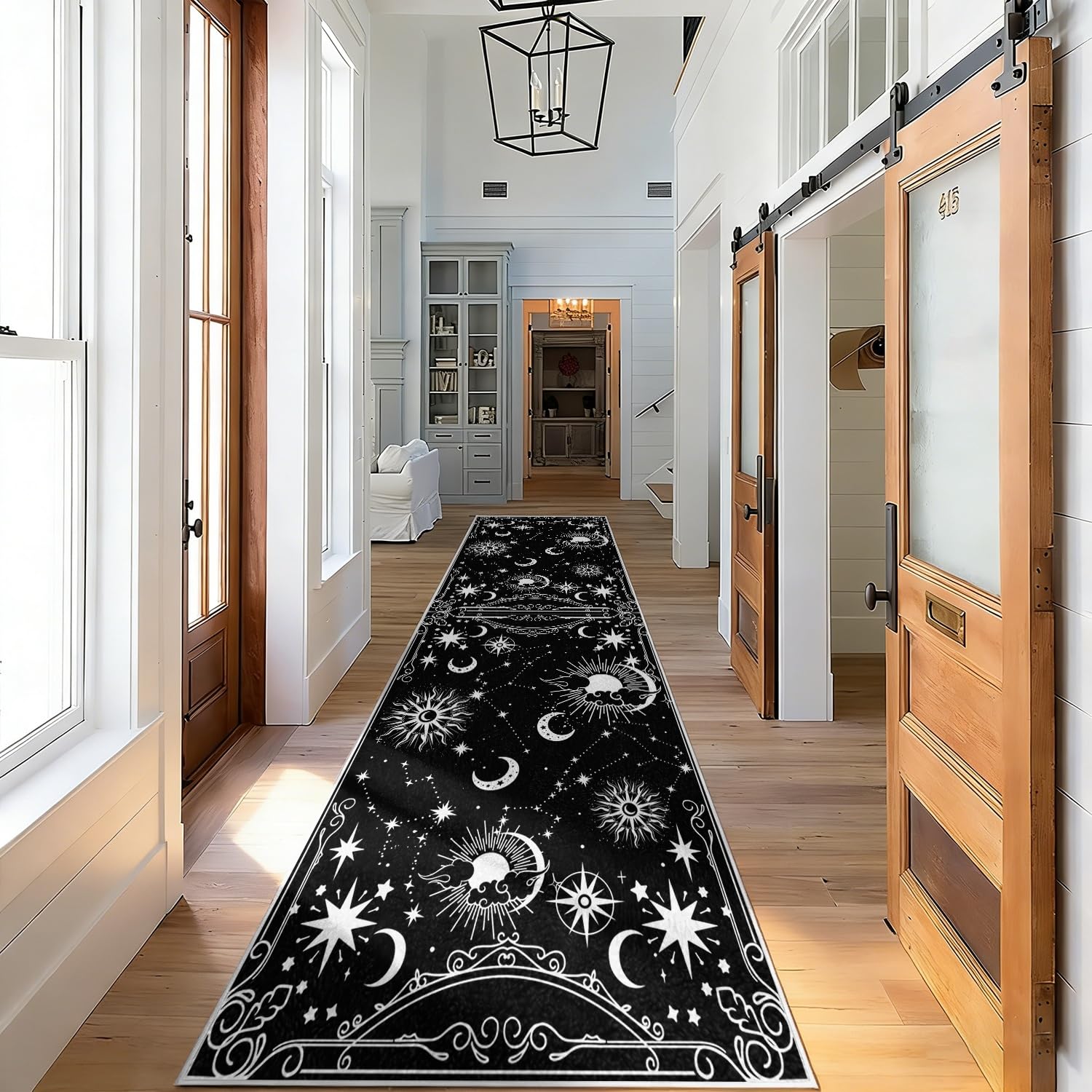Himmels Läufer Teppich in Schwarz Weiß, 60x200cm Gotischer Teppich Sonne, Mond Sternen für Flur, Langer Teppich Mit Mystischem Sternbildmuster für Schlafzimmer, Waschbare, Rutschfeste Teppiche