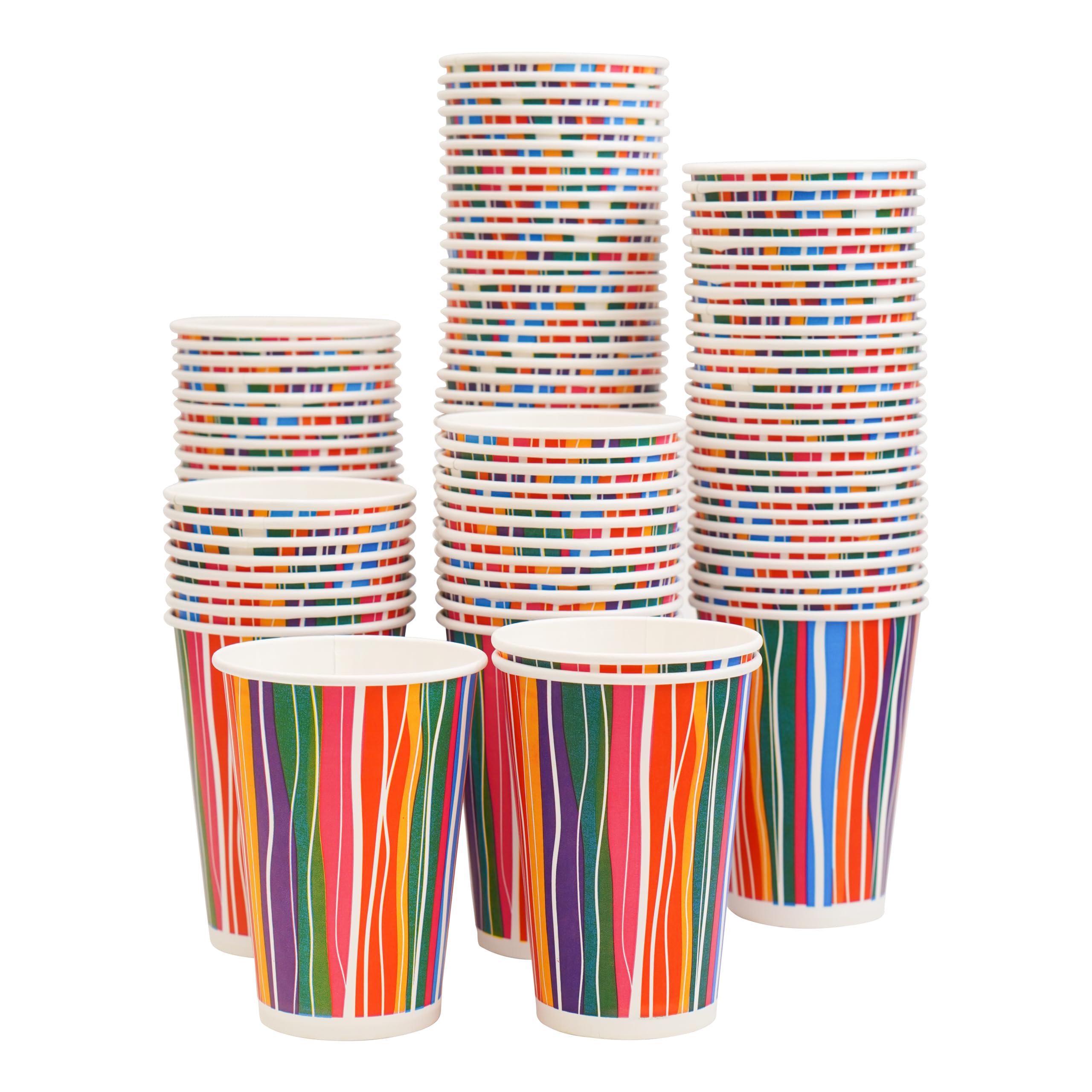 PARICOTT 300ml – 100 Cups | Multi Stripe Printed Paper Cups | Disposable Use & Throw Glasses for Tea, Coffee, Juice, Water, Wine, Cocktail, Party, Travel, Wedding, Events – Eco-Friendly