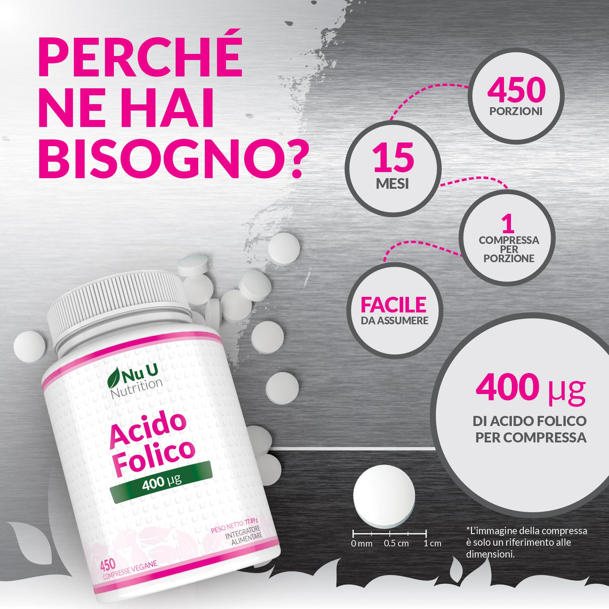 Acido Folico 400 µg - 450 Micro Compresse Vegane - Scorta 15 Mesi - Vitamina B9 Folato per Donne in Gravidanza - Integratore Prenatale - Prodotto in Europa - Nu U Nutrition