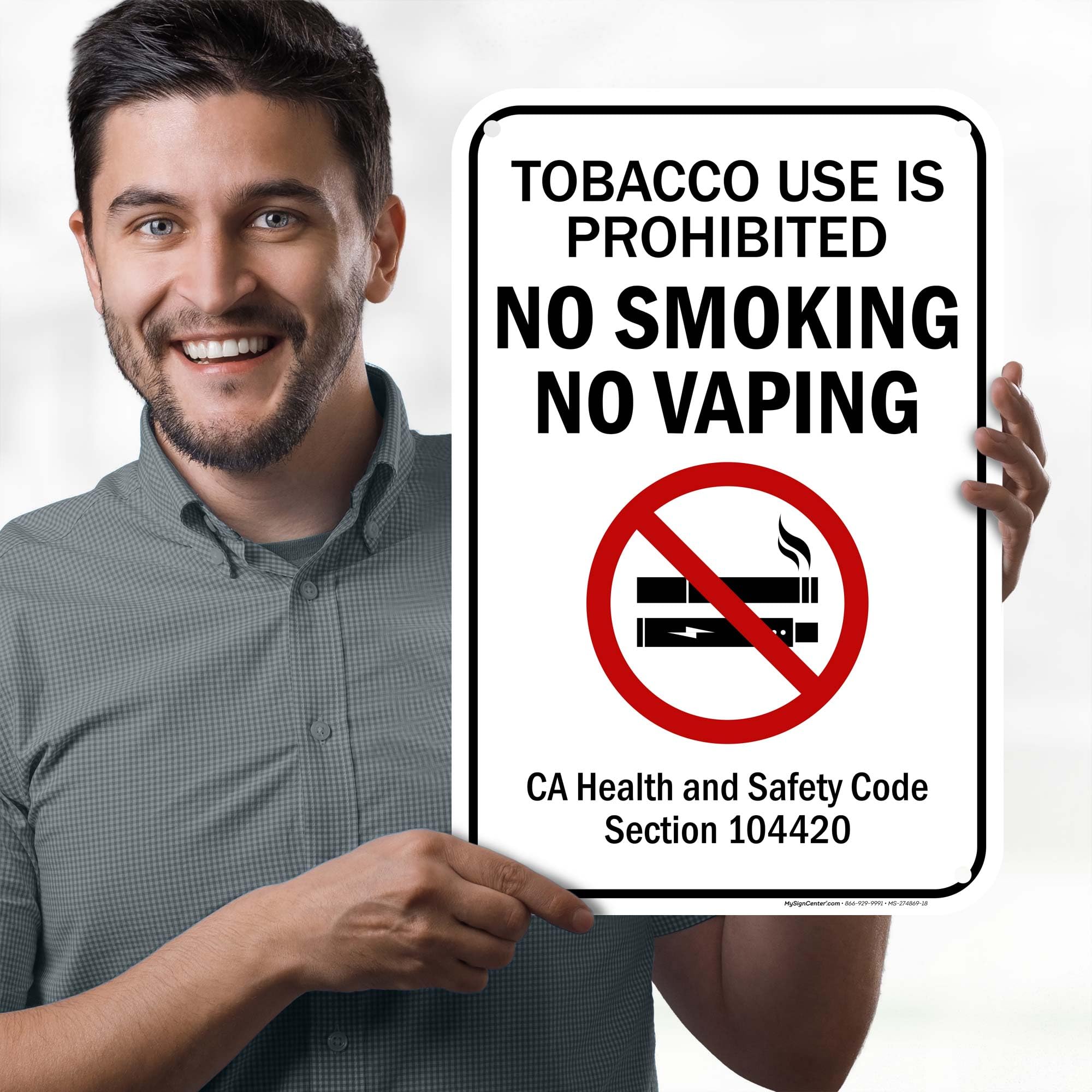 Amazon.com : Tobacco Use Is Prohibited No Smoking No Vaping Code Section  104420 Sign, 12x18 Inches, 55 mil thick HDPS (high density polystyrene),  Made in USA by My Sign Center : Patio,