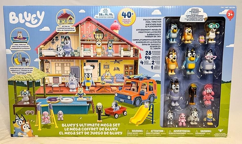 Bluey Nuevo 2023 Juego Mega Inicial | 40 piezas 4 juegos en un juego mega | Familia y amigos Heeler completos y extendidos con 14 figuras