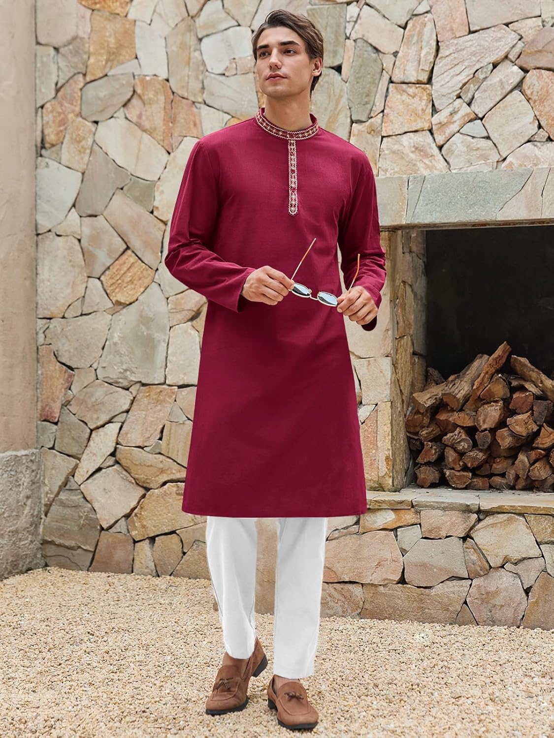 Runcati Mens Cotton Kaftan Robe Long Sleeve Button Down Henley Shirts Thobe Casual Side Split Gown Shirt - Image 4