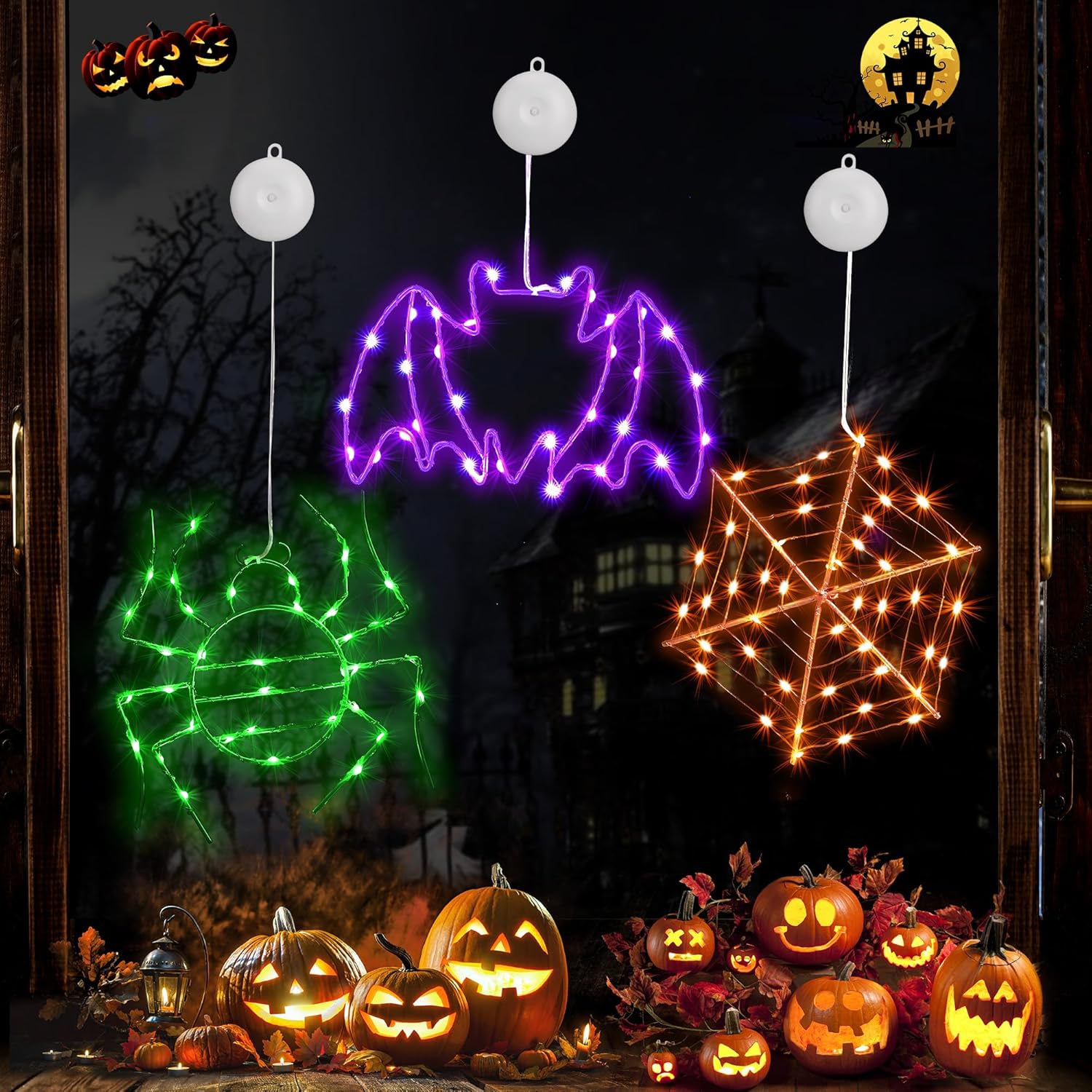 Joomer Halloween Window Lights, 3 Pack of Green Spider, Purple Bat, and