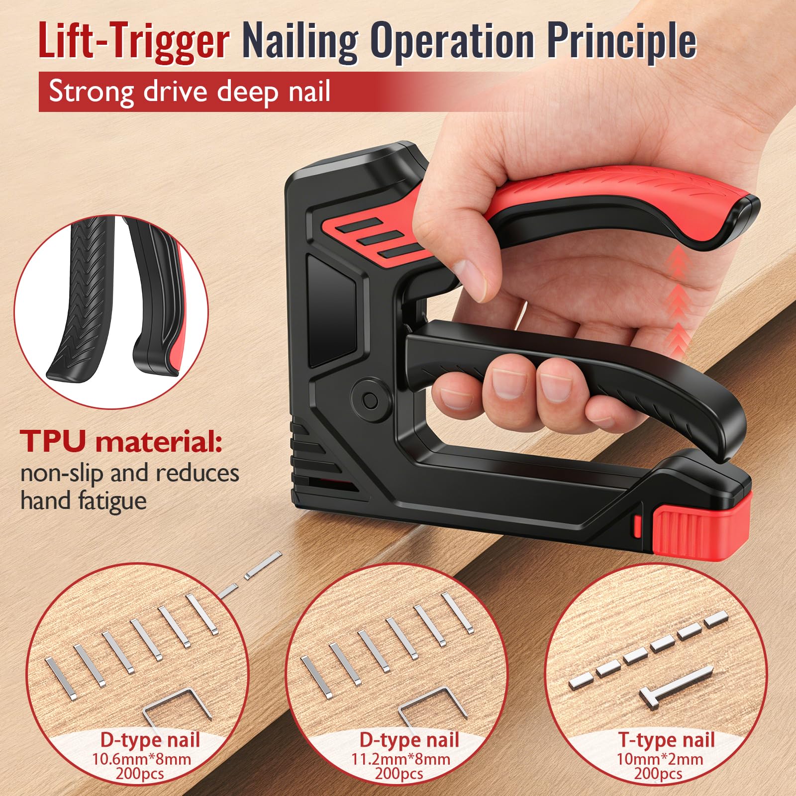 Pinzatrice manuale leggera con 600 punti, cucitrice per tappezzeria per legno, tessuto, artigianato e mobili, manico ergonomico in TPU, graffette compatibili D/T per progetti fai da te