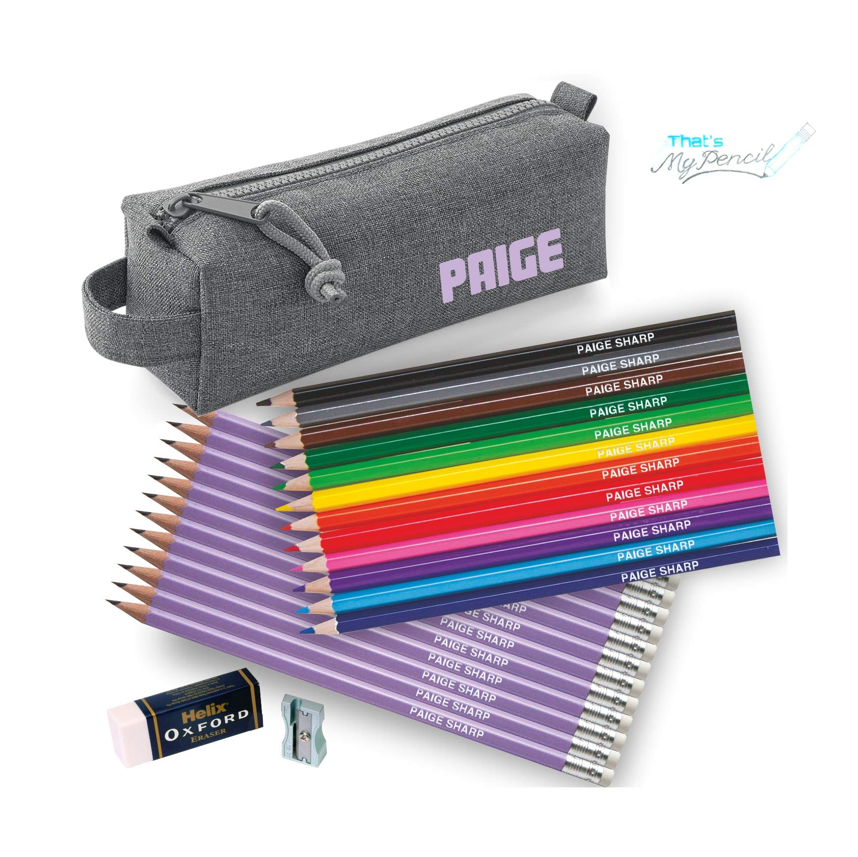 Personalised Marl Grey Block Pencil Case with 12 Colouring Pencils, 12 Matching HB Pencils with Erasers Plus Helix Oxford Sharpener and Eraser - Printed in UK by 'That's My Pencil' (Lilac)