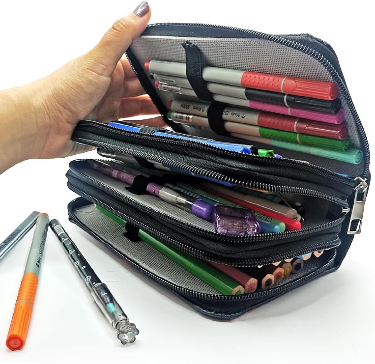 Limmy Pencil Case Black Camouflage Geometric Pattern Organizer Pencil Case Vegan Leather Three Compartment Pen Holder