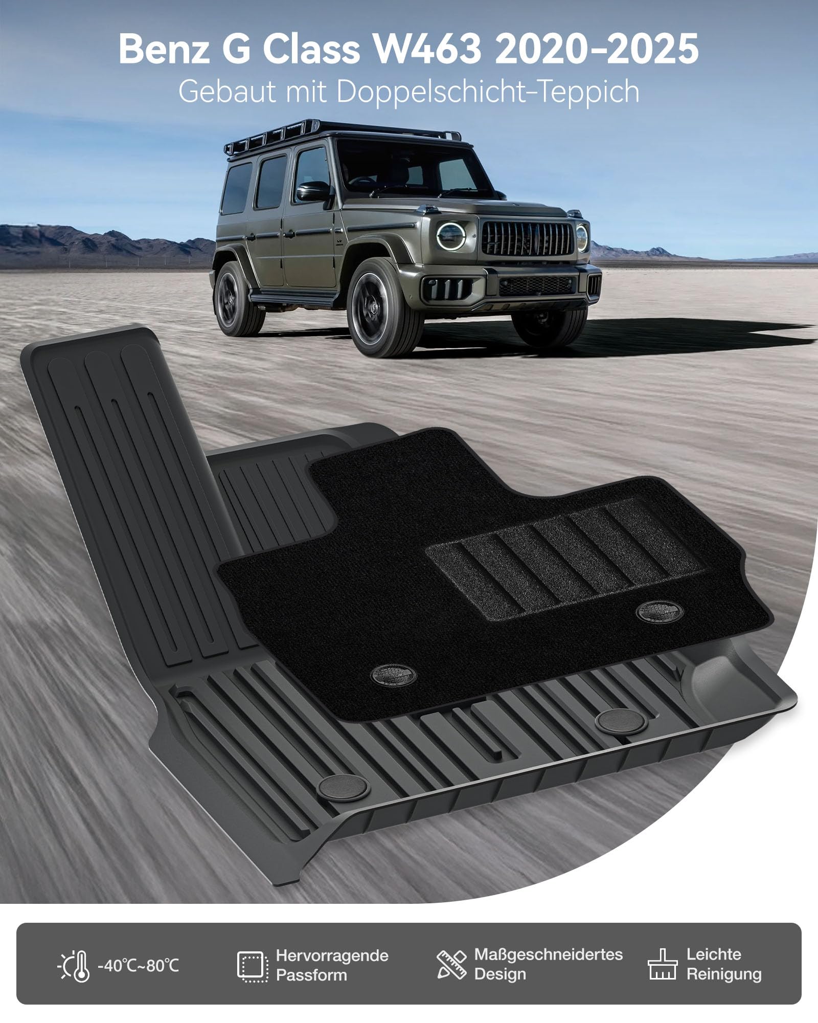 3W Fußmatten & Autoteppiche für Mercedes Benz G Klasse W463 2020-2026 | TPE Thorex™ Allwetter | 3D Maßgeschneiderte Passform | Hundefreundlich Auto Zubehör | Wasserdicht & Kratzfest | Antirutsch