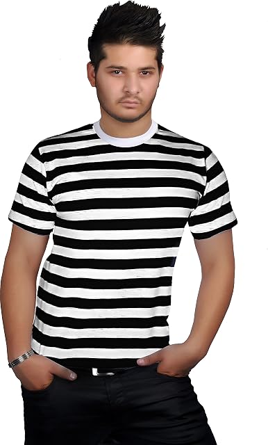 B Men's RED & White Black & White Blue & White Stripe T-Shirt Fancy Dress Shirts# Black&White# Medium