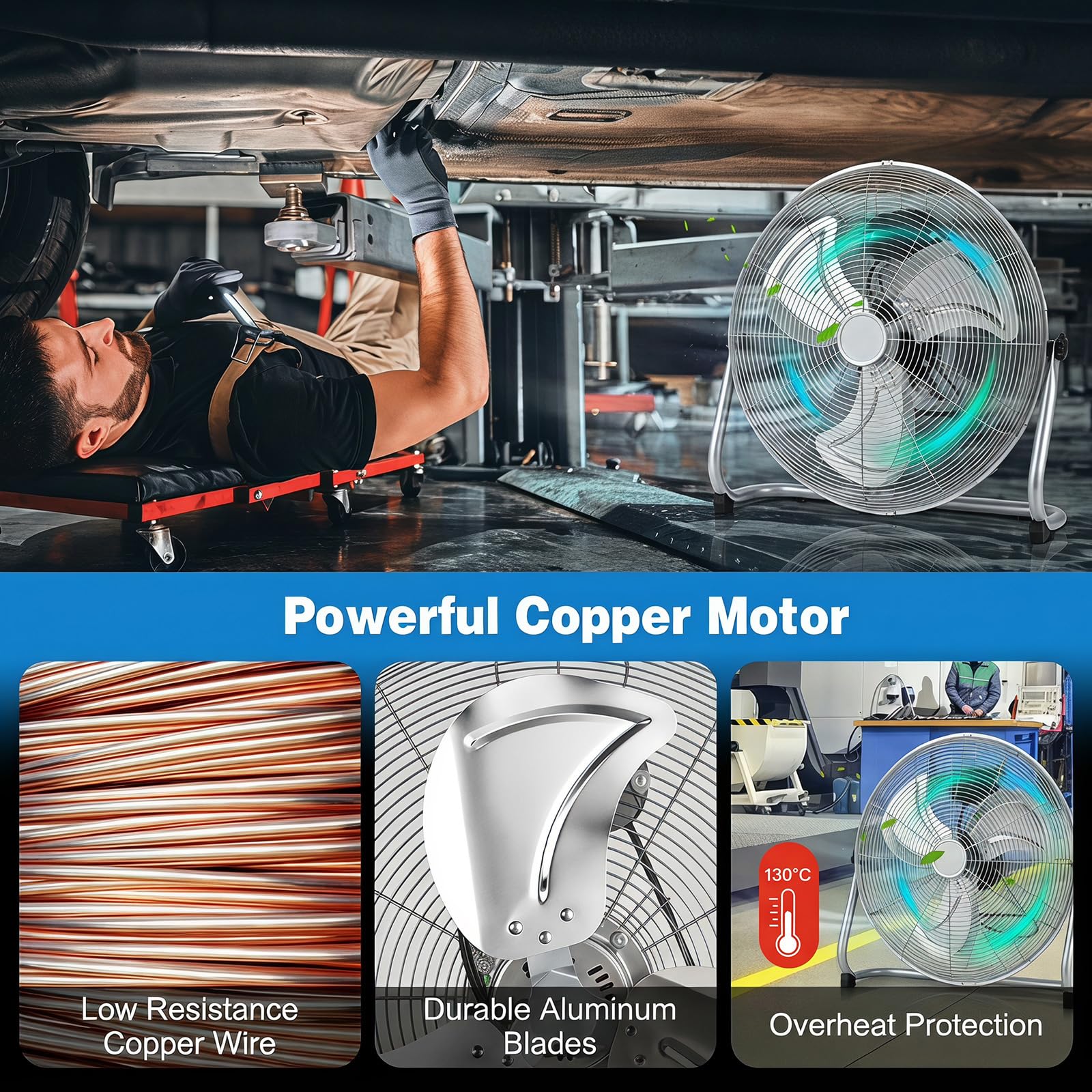 GYMAX Ventilador de Suelo, 160W φ57 cm Ventilador Industrial con 3 Velocidades, Inclinación Ajustable de 145°, Motor Potente, Aspas Metálicas, Alcance 6,5 m, Fan Silencioso de Metal para Garaje Taller
