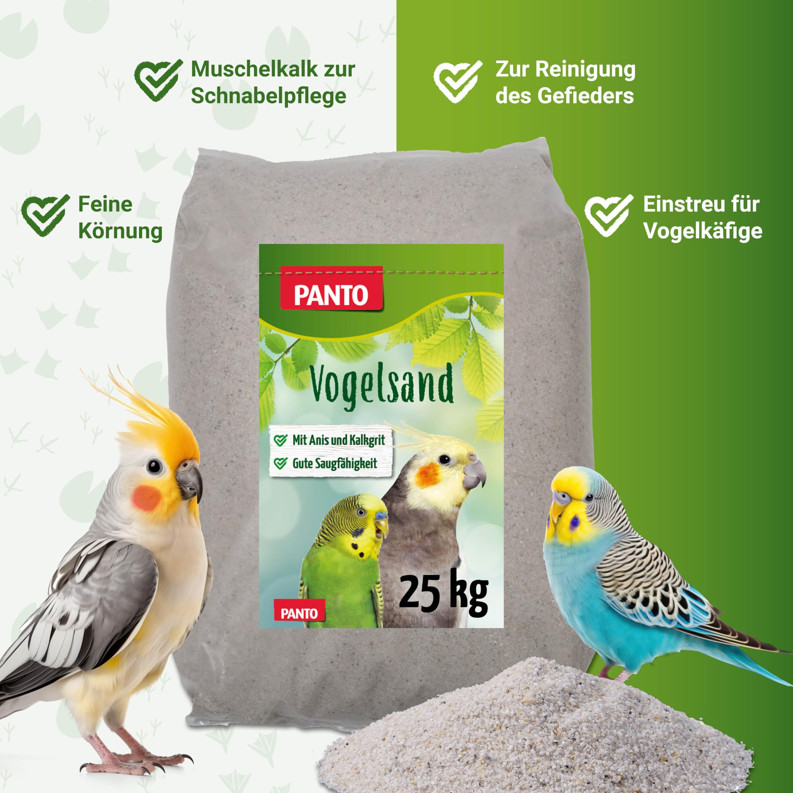 PANTO Vogelsand mit Anis und Muschelkalk, 25 kg – artgerechte Einstreu für Vogelkäfige von Wellensittichen, Papageien, Ziervögel