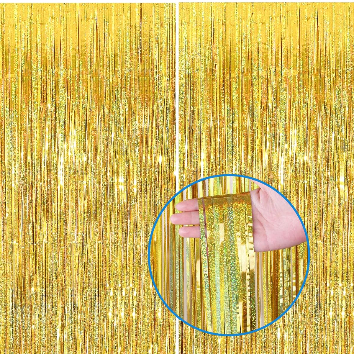4 stuks lametta gordijnen, goud met 1 hangende papieren slinger (goud