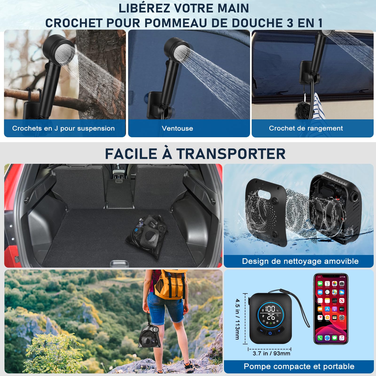 Spopal Camping Douche Portable, [Imperméable] Kit Douche de Camping,Rechargeable,8000mAh, avec Seau Pliable 20L,Afficheur Intelligent et Pomme de Douche 5 Modes pour Extérieure,Camping