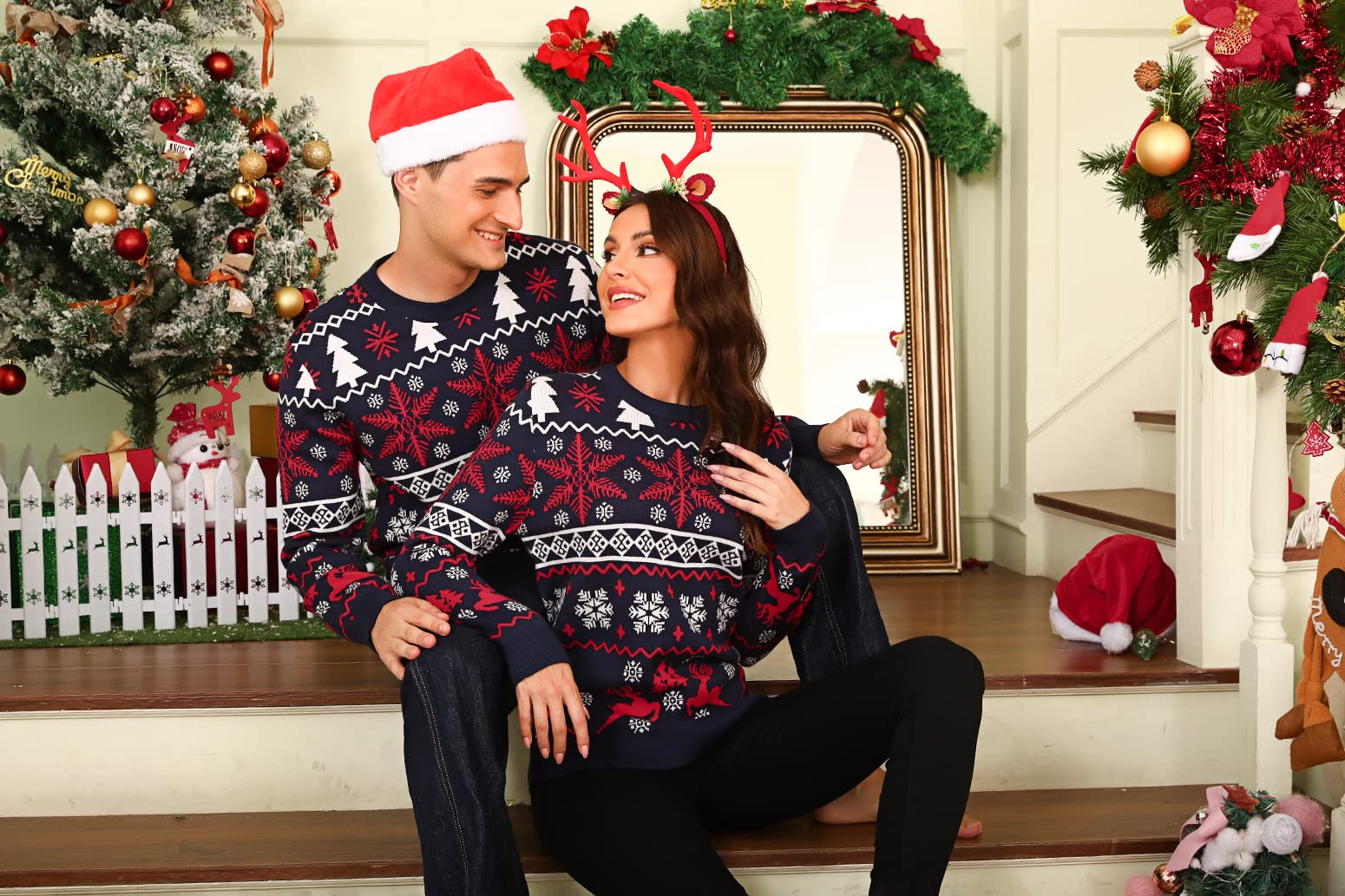 Litherday Jersey Navidad Mujer Hombre Unisex Suéter Navideño Pareja y Familia con Copos de Nieve y Reno, Ropa Navidad Divertida, Regalo Original S-XXL