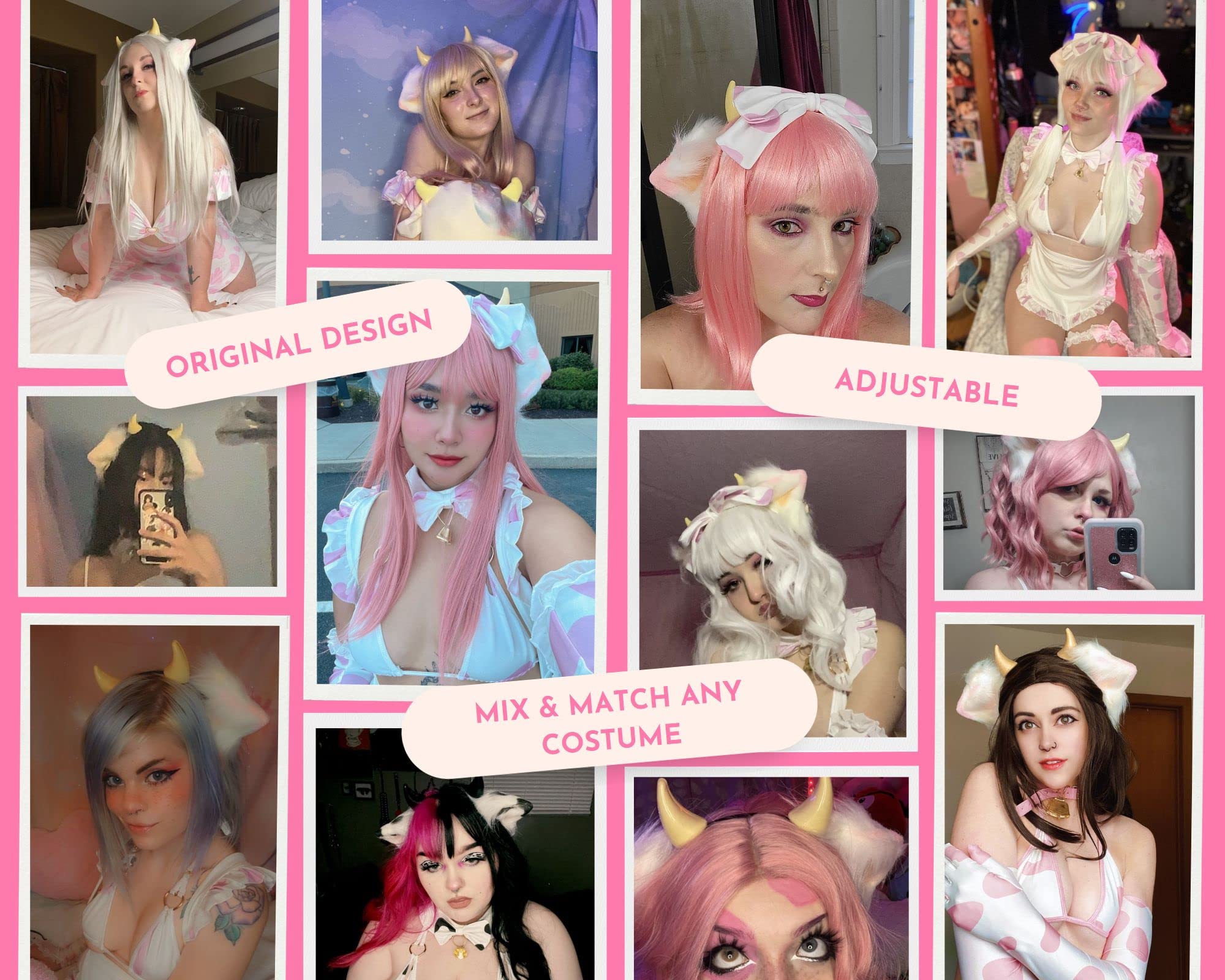 MOEFLAVOR Anime Plush Cow Ears Fur Headband with Devil Horns | Matches Any Kawaii Lingerie Costume for Sexy Cosplay: Pink