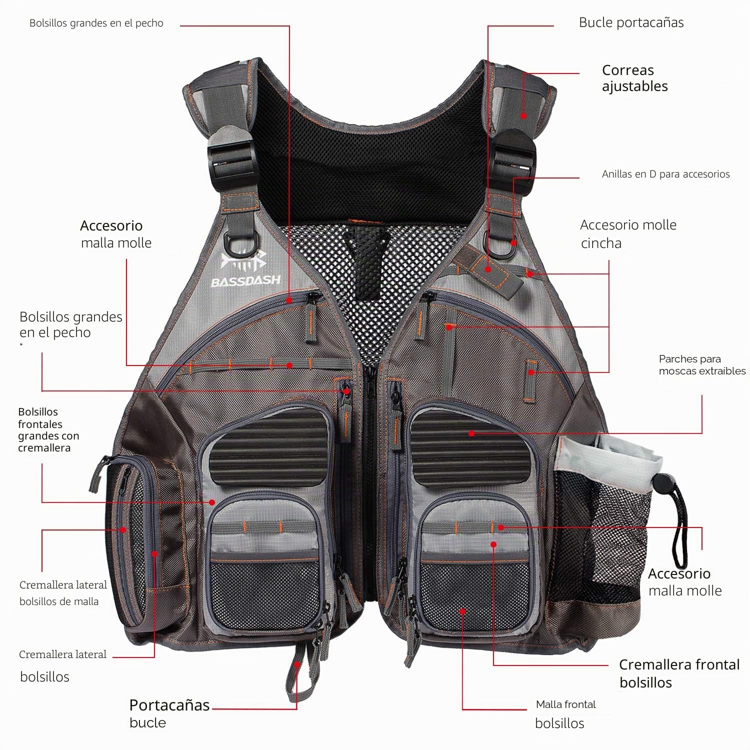 Bassdash Chaleco de Pesca Ajustable para Hombres y Mujeres Chaleco de Pesca para Pesca con Mosca y Actividades al Aire Libre