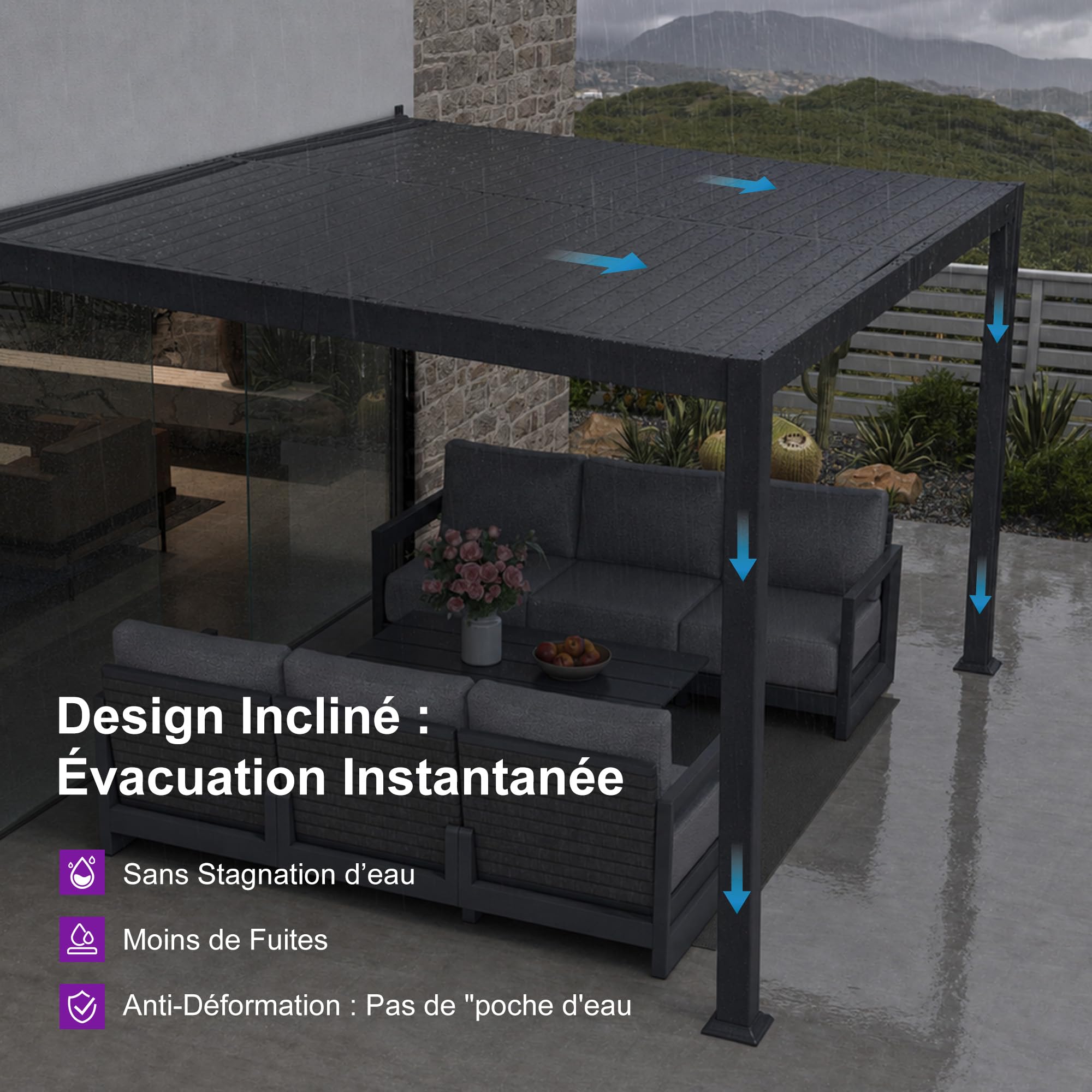 PURPLE LEAF Pergola Bioclimatique Adossée 3 x 4,25 m en Aluminium, Entretien Facile, Pergola Bioclimatique Murale avec Lames Orientables, Résistante UV et Pluie, Idéale pour Jardin et Patio, Gris