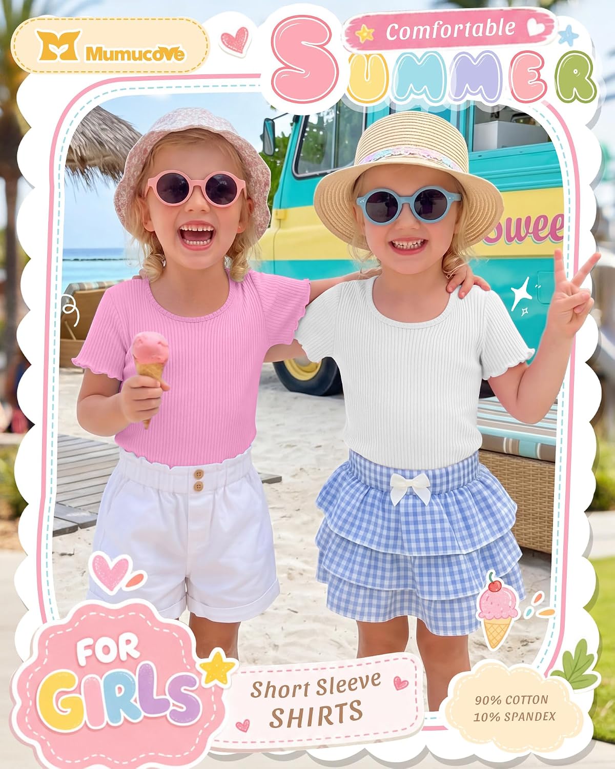3 Pack Toddler Girls Short Sleeve Shirts Ribbed Knit Cotton Lettuce Trim U Neck Tops Casual Cute Summer Tees Blouses