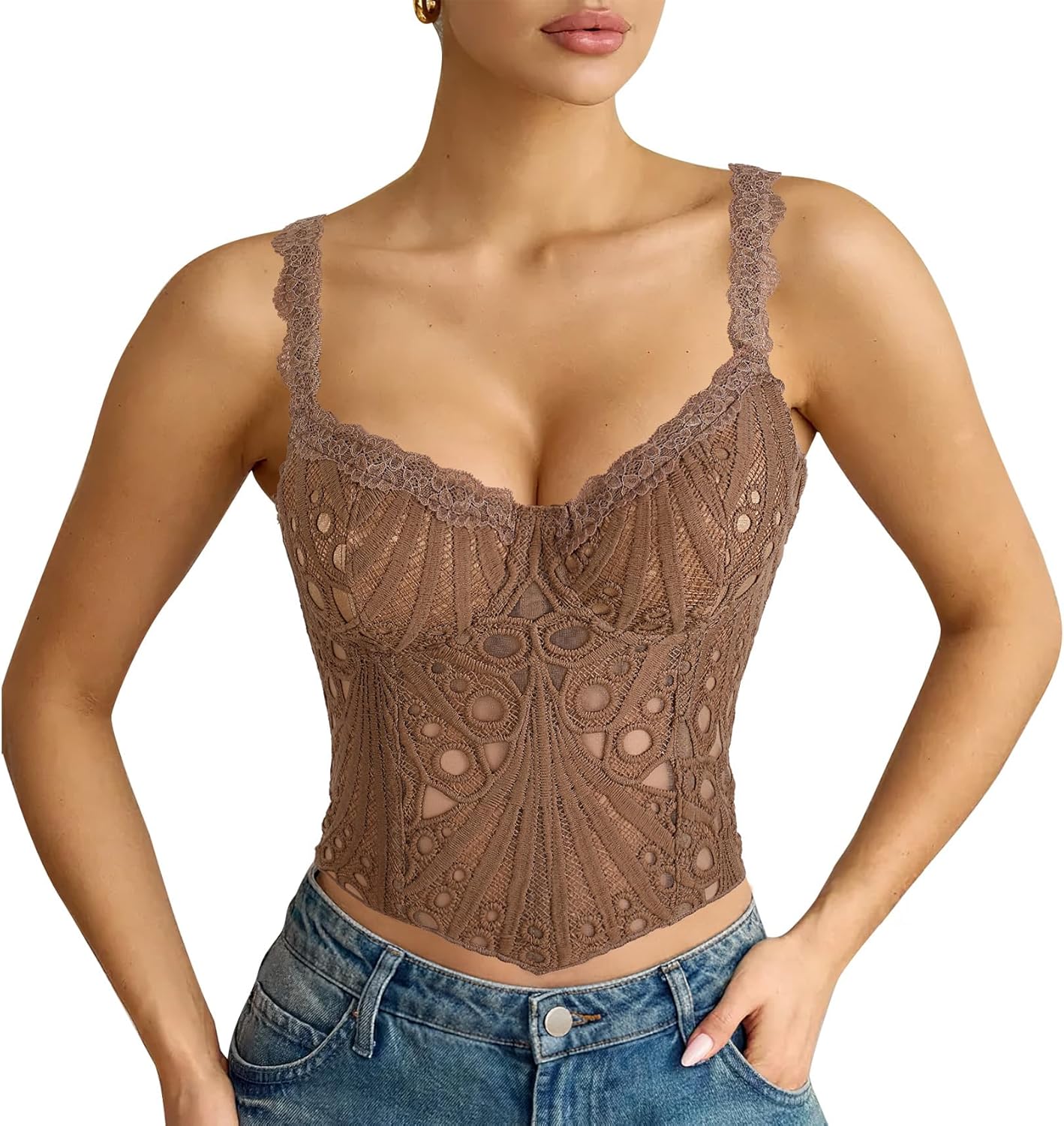 LEACOOLKEY Lace Corset Top for Women Sexy Sheer Floral Bustier Going Out Lace-up Bralette Club Party Concert Crop Top