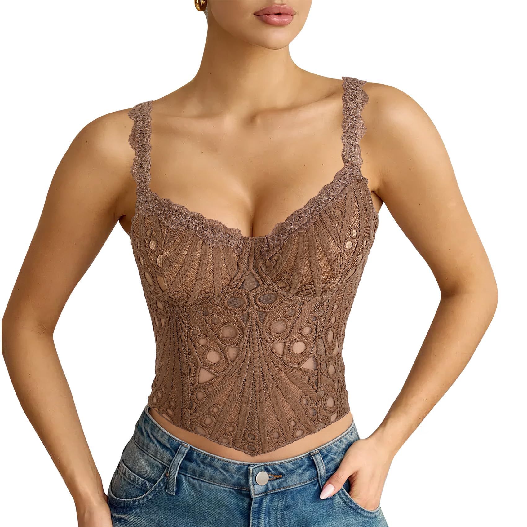 Photo 1 of LEACOOLKEY Lace Corset Top for Women Sexy Sheer Floral Bustier Going Out Lace-up Bralette Club Party Concert Crop Top