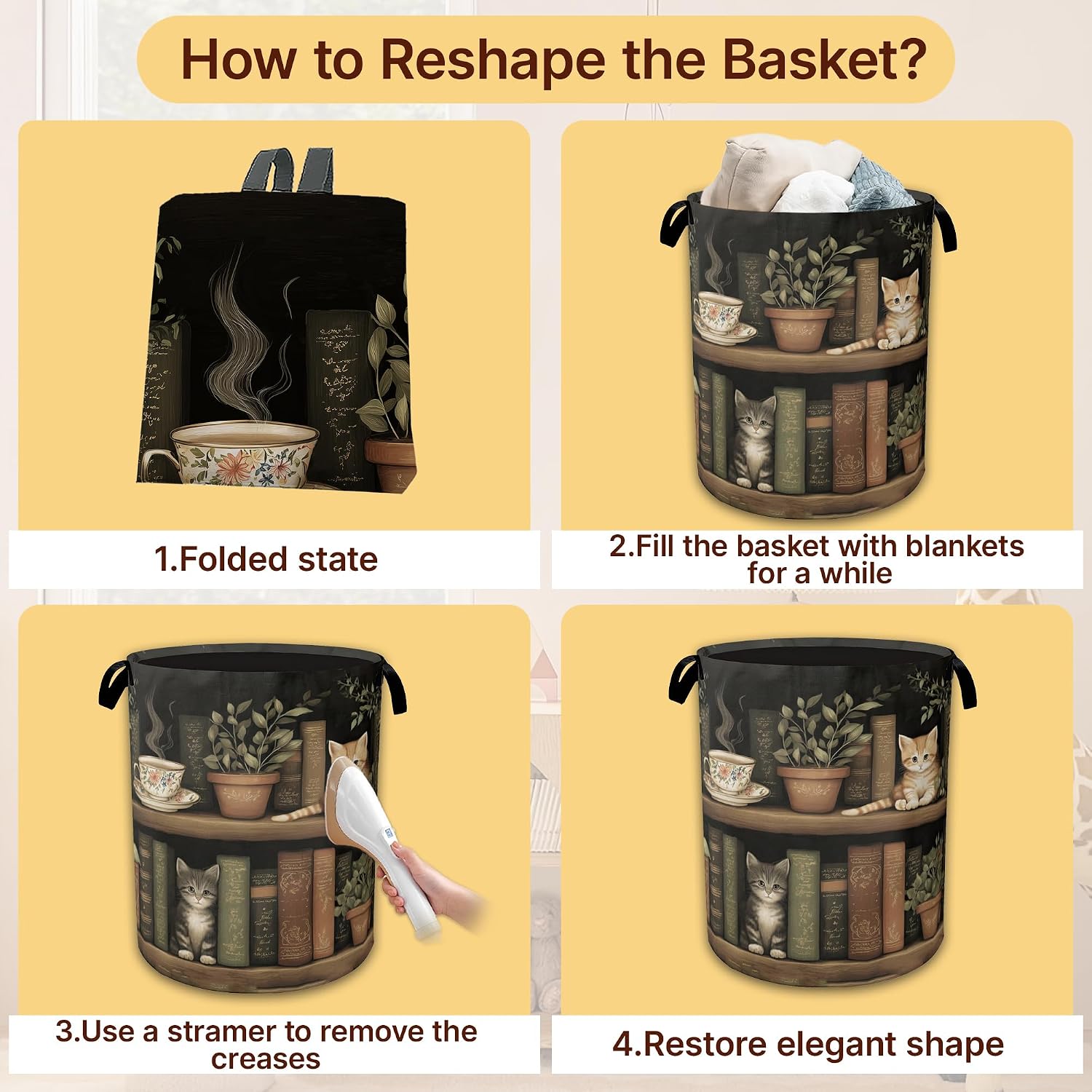 Laundry Hamper Foldable with Handles,Cute Cat Oxford Cloth Basket,Bookshelf Art Large Capacity Storage Organizer for Bedroom Bathroom Dorm Room