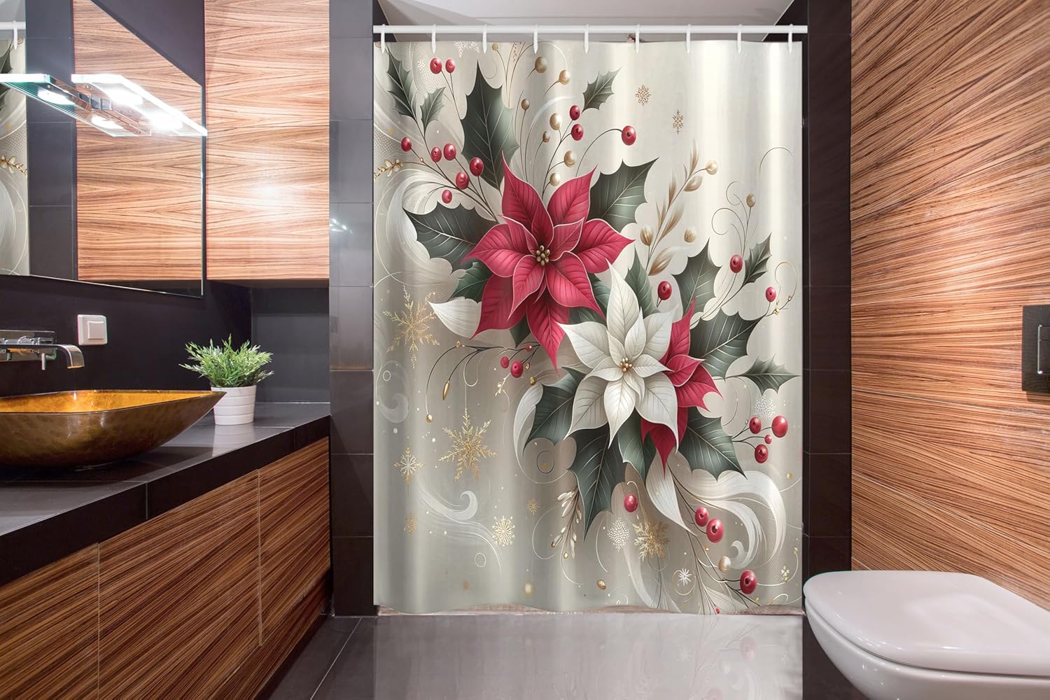 Ambesonne Christmas Stall Shower Curtain, Traditional Xmas with Poinsettia Flowers Ornate and Snowflakes, Fabric Bathroom Decor Set with Hooks, 54" W x 78" L, Pale Vermilion and Grey Teal