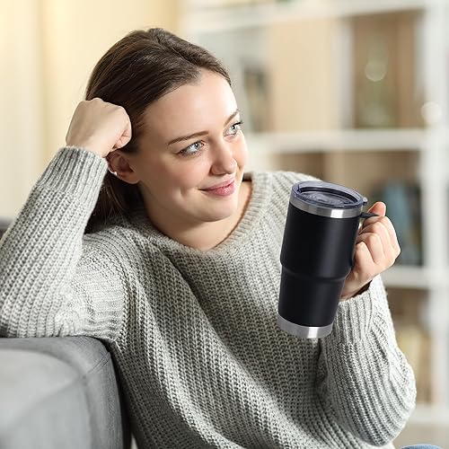 Miniatura 6 de Vaso de 20 onzas a granel con tapa, vaso de acero inoxidable a granel con asa, juego de tazas de café de viaje con aislamiento de metal con asa,
