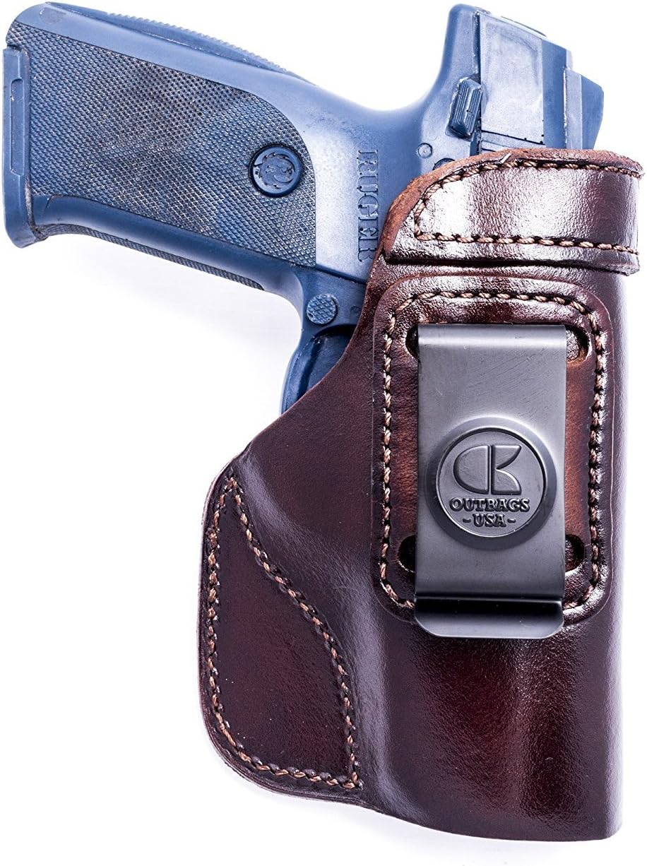 OUTBAGS USA LS8SR (Brown-Right) Full Grain Heavy Leather IWB Conceal Carry Gun Holster for Ruger SR9 9mm, SR40 .40S&W Full Size. Handcrafted in USA.