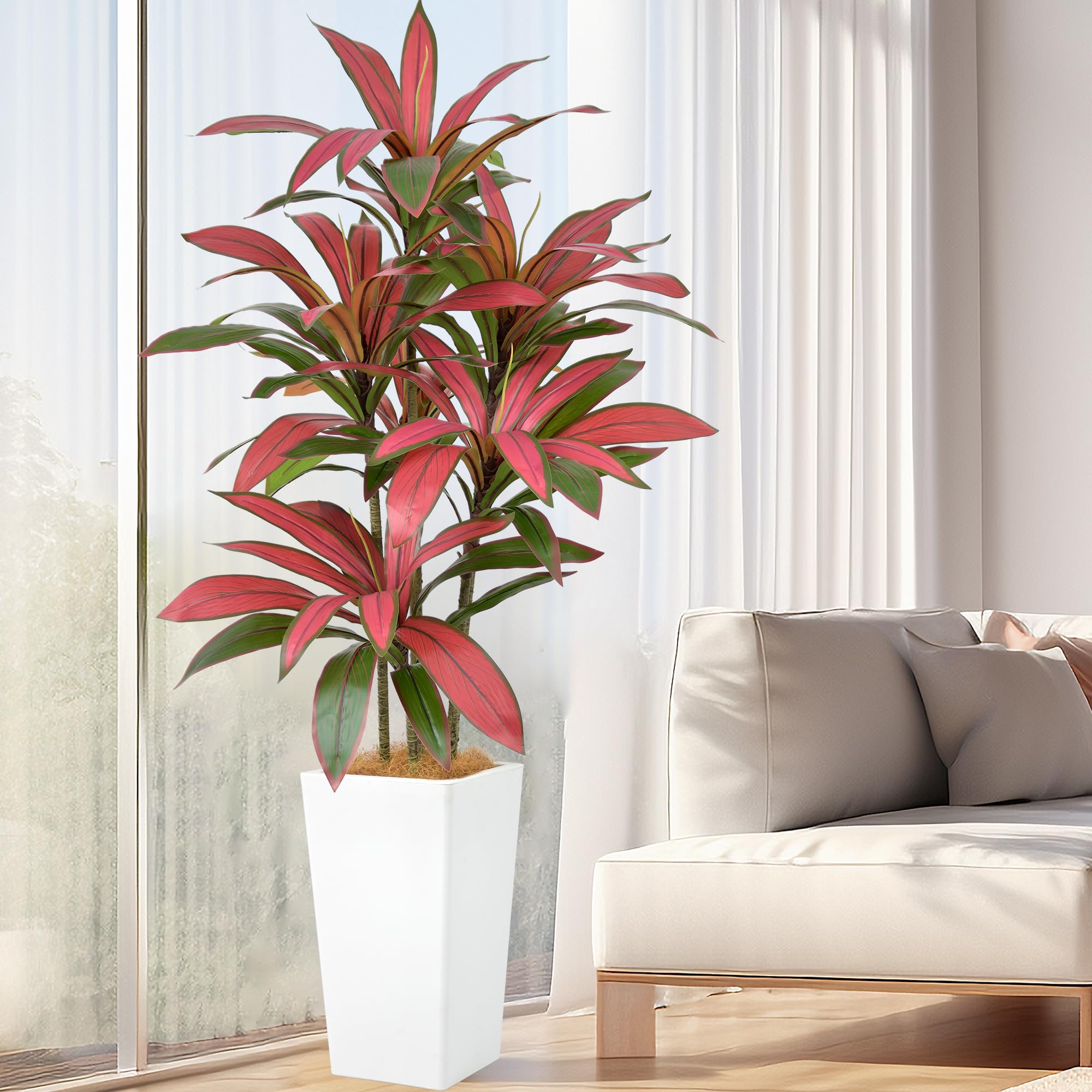 Artificial Dracaena Tree 5ft(60in) Faux Silk Tree with Tall White Planter, Fake Floor Potted Artificial Plants for Home Office Living Room Indoor