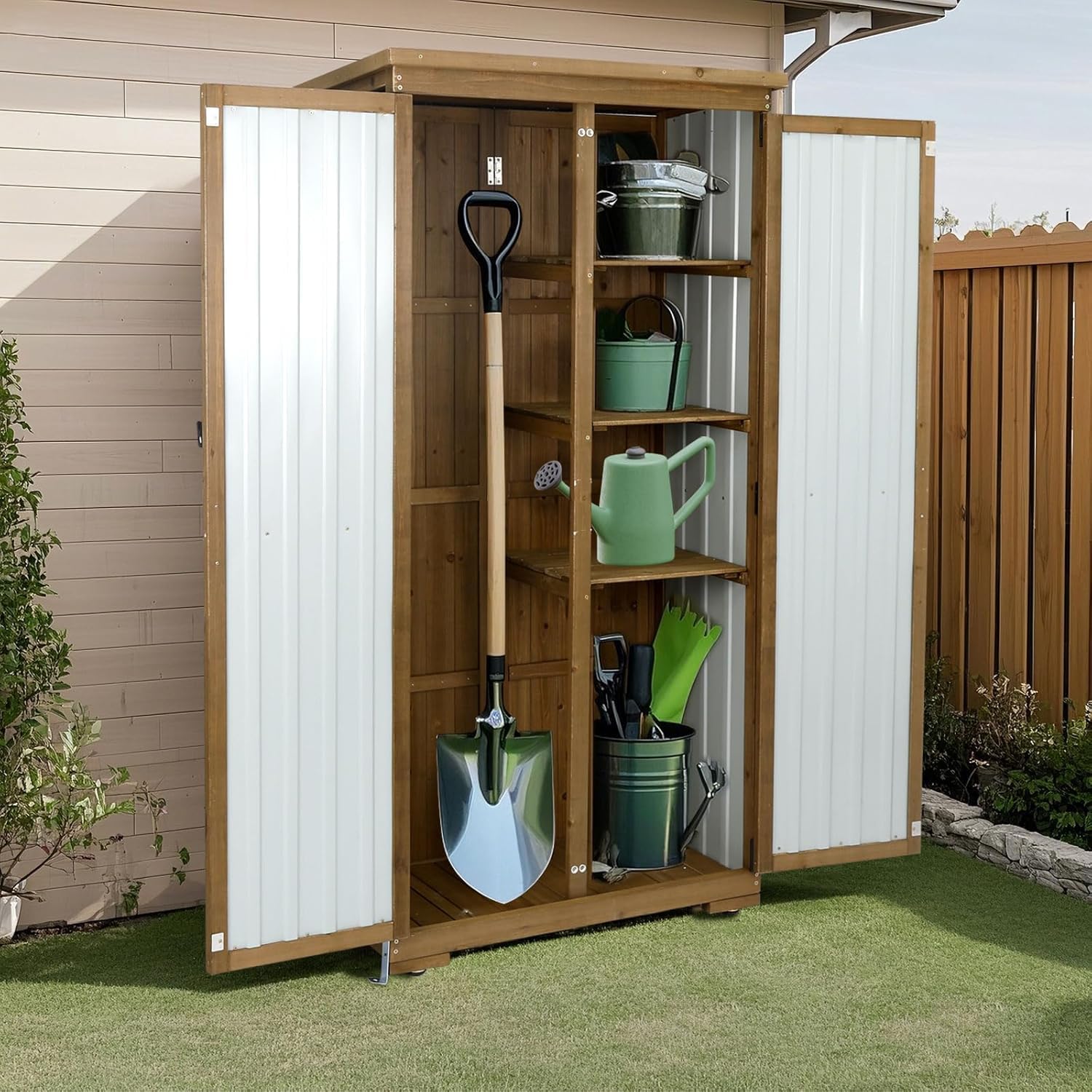 Outdoor Storage Cabinet with Shelf, Wood & Metal Storage Shed with Waterproof Roof & Lockable Doors,Tall Outdoor Cabinets for Patio Backyard, Gardening Tools and Accessories, Brown